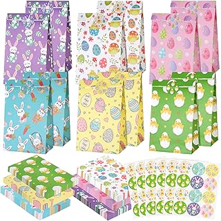 Noveread 120 Pcs Easter Treat Bags Easter Goodie Bags Easter Favor Bags Easter Paper Bags Bunny Egg Chick Printing Gift Wrap Bags Bulk with 120 Pcs Stickers for Kids Easter Party Candy Favor, 6 Styles