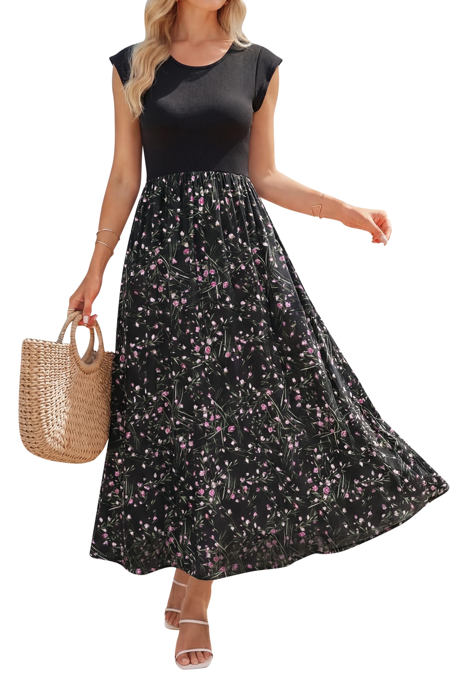 OUGES Sommerkleid Damen Lang Rüschen Maxikleid Elegant Sommer Kleid mit Taschen