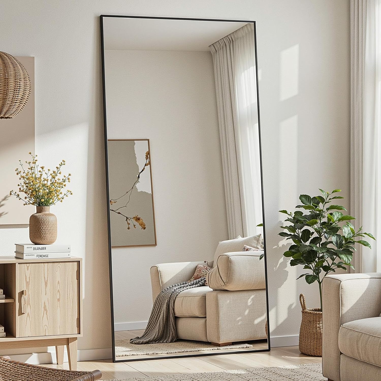 Full Length Mirror, 76"x34" Full Body Mirror, Floor Mirrors with Stand, Body Mirrors Standing Hanging Leaning Against Wall,Aluminum Frame Mirrors for Bedroom Cloakroom,Living Room,Black 76"L x 34"W Black (Rect)