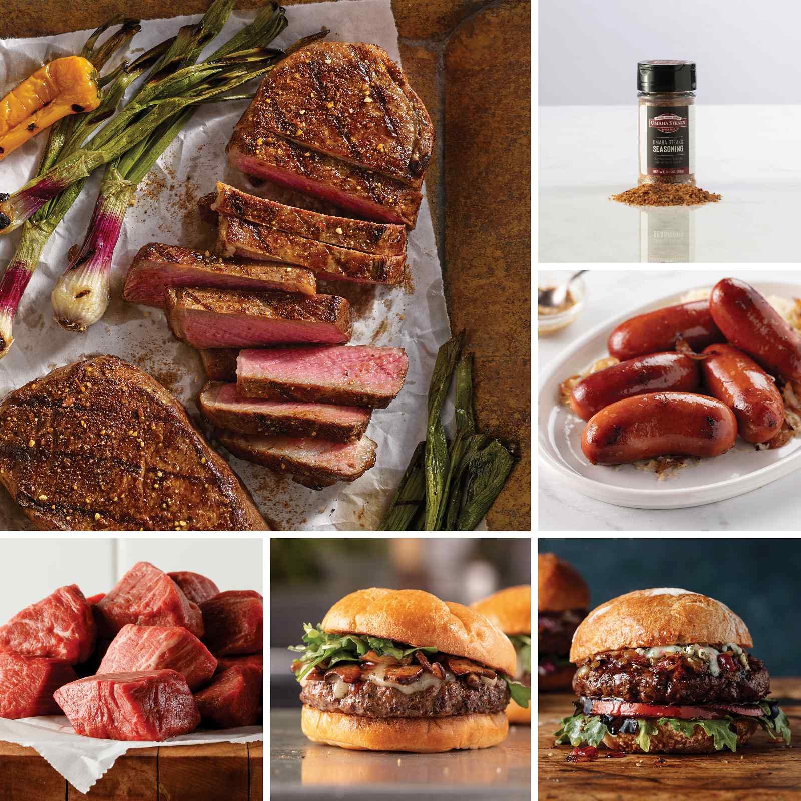 Omaha Steaks Deluxe Stock Up Collection (Boneless New York Strips, Triple-Trimmed Tenderloin Tips, PureGround™ Delmonico Ribeye Burgers, Omaha Steaks Burgers, Knockwurst Sausages, and more)