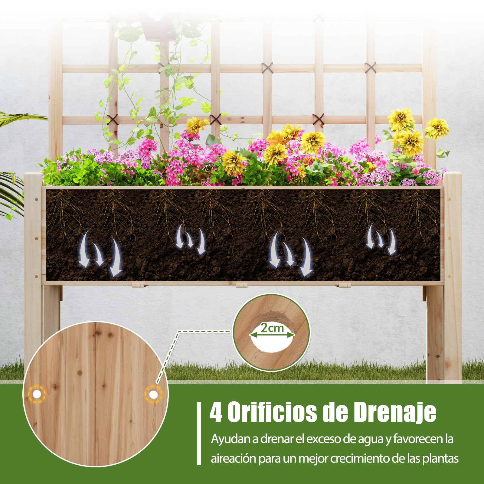 COSTWAY Huerto Urbano Elevado de Madera con Enrejado, Agujeros de Drenaje, Caja de Plantas Elevada de Madera con Piernas para Enredaderas, Flores, Hierbas, Verduras, Maceta para Patio y Balcón