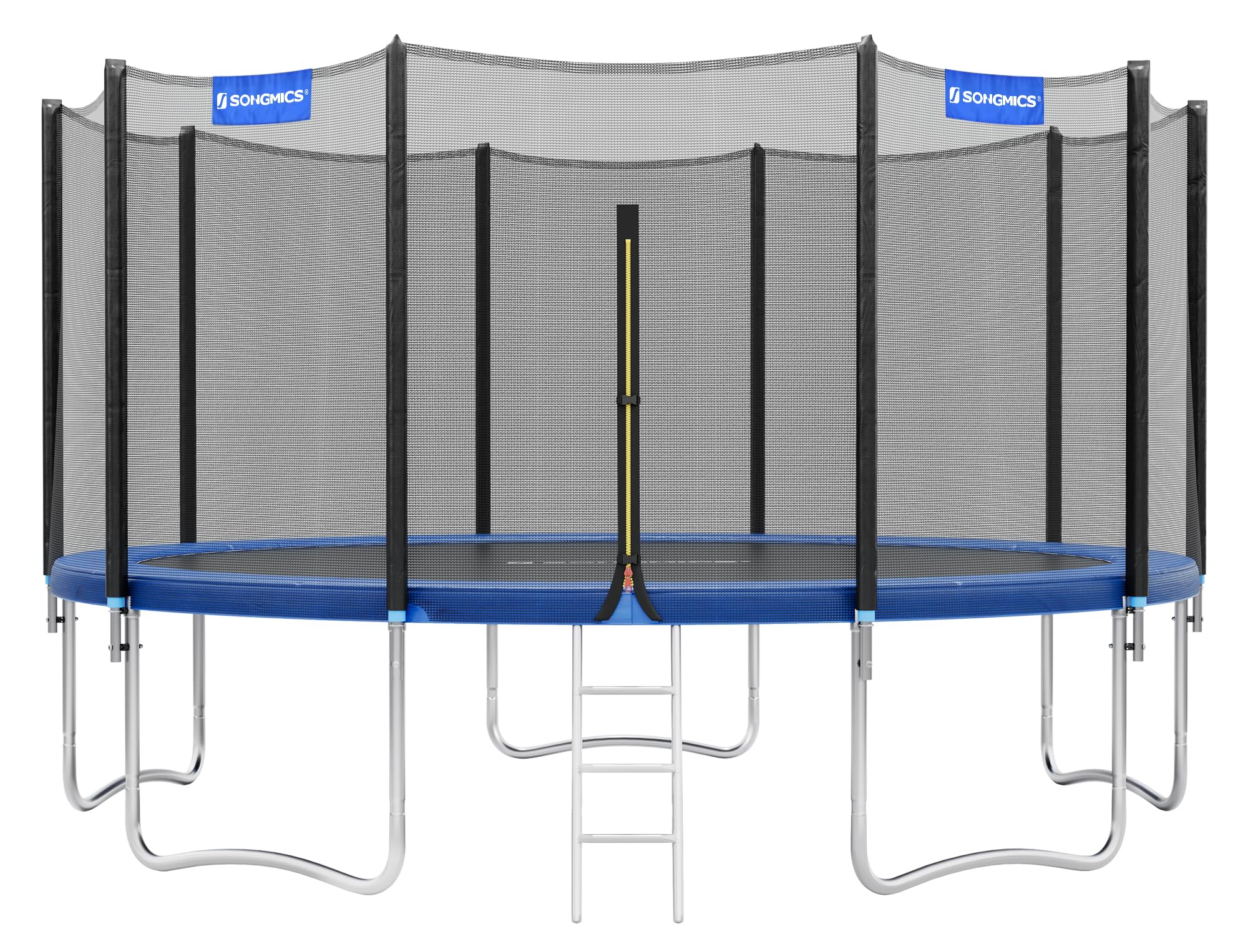 SONGMICS Trampoline Extérieur Enfant Diamètre 427 cm, Filet de Protection Externe, Coussins de Sécurité, Échelle, Poteau Droit de 180 cm de Haut, Cadre en Acier, Bleu STR144