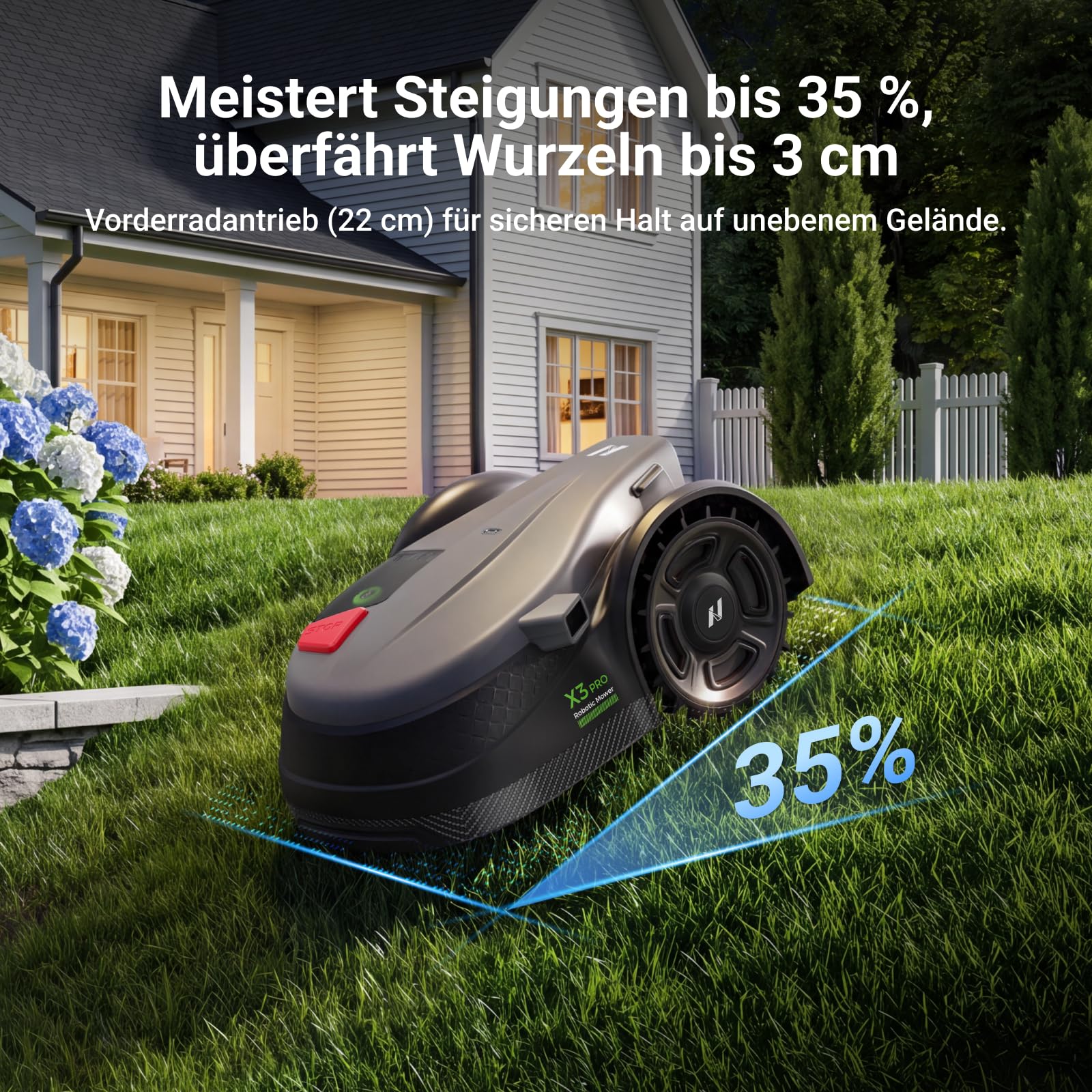 NovorikX X3 Pro Mähroboter ohne Begrenzungskabel für 1500 m², 12mm Ultra-Präziser Randmähen, Verschiebbare Messerscheibe, RTK+3-Kamera-System, Nachtbeleuchtung, KI-Hindernisvermeidung, App-Steuerung