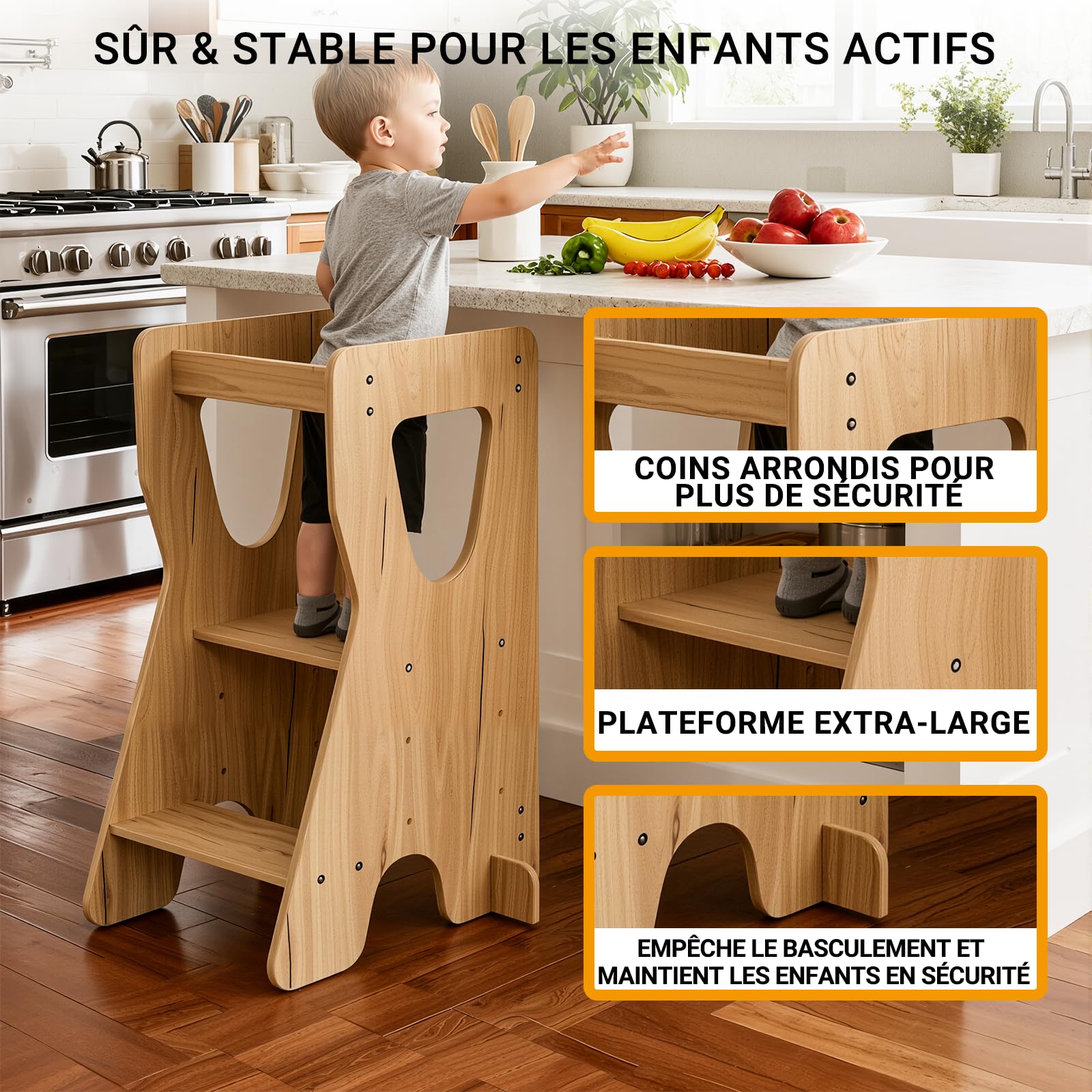 COSYLAND Tour d'Observation Montessori Réglable en Hauteur pour Enfants 18 Mois-6 Ans, Chaise d'Apprentissage en Bois Sécurisée, Design Stable Moderne
