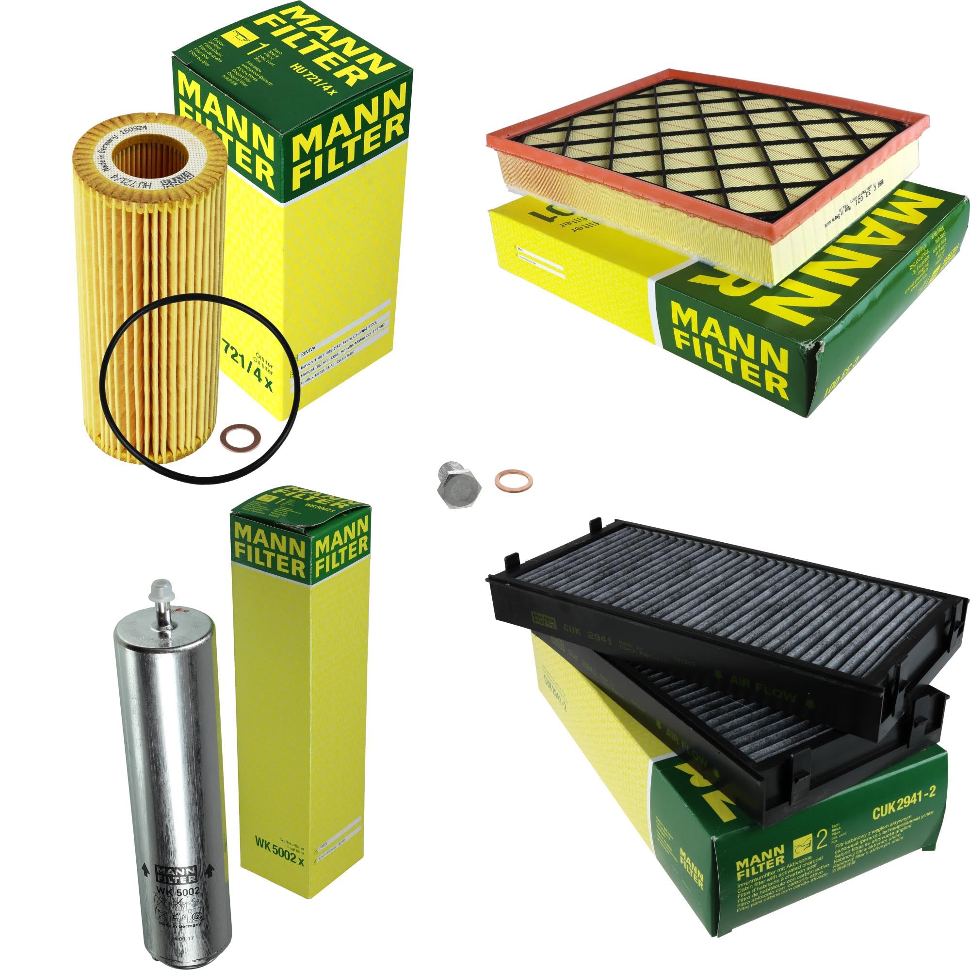 Paquete de inspección Kit de mantenimiento de filtros con filtro de aceite HU 721/4 x, filtro de aire C 33 001, filtro de combustible WK 5002 x, filtro de habitáculo CUK 2941-2, tornillo de