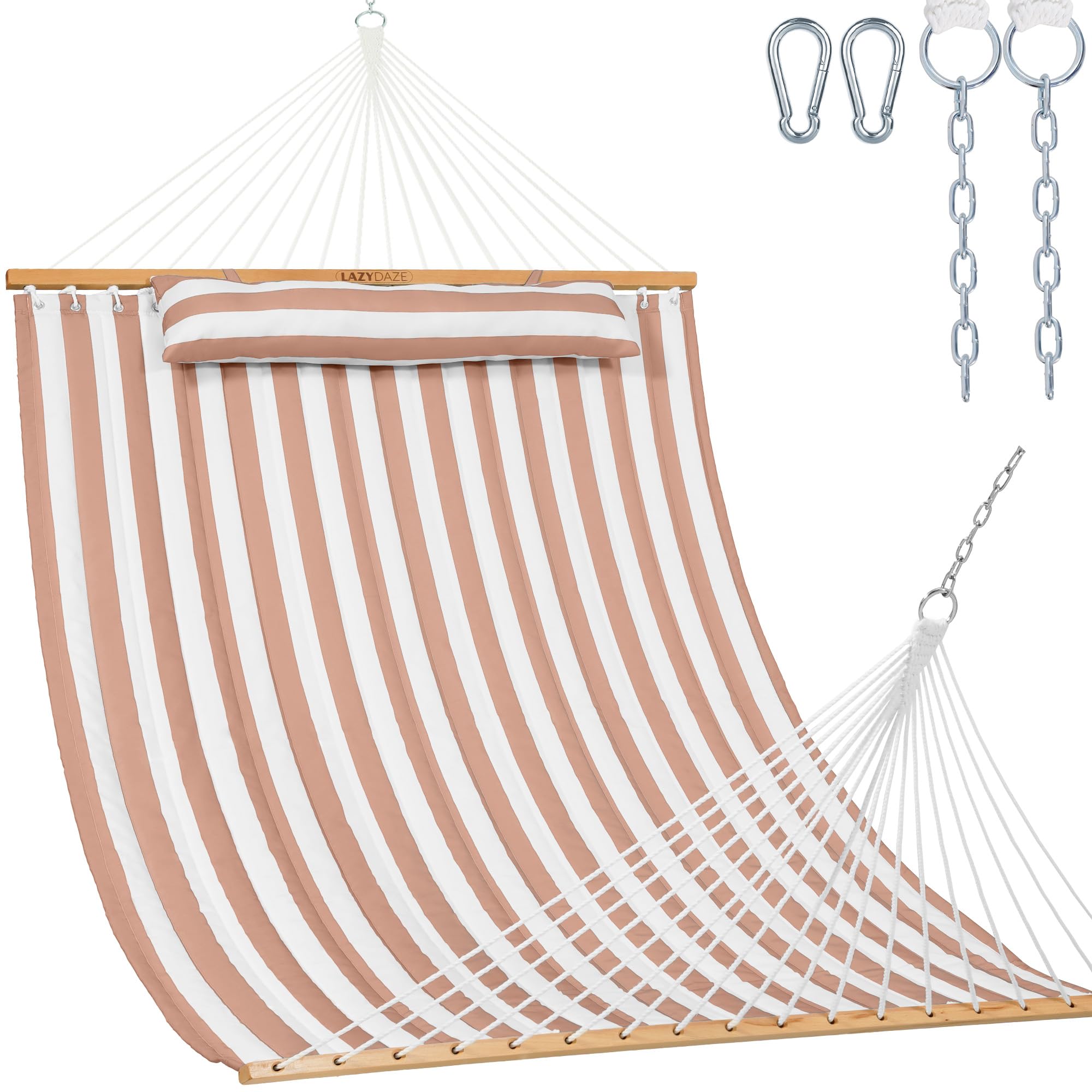 Lazy Daze Double Quilted Hammock with Pillow and Carabiners, Beige White