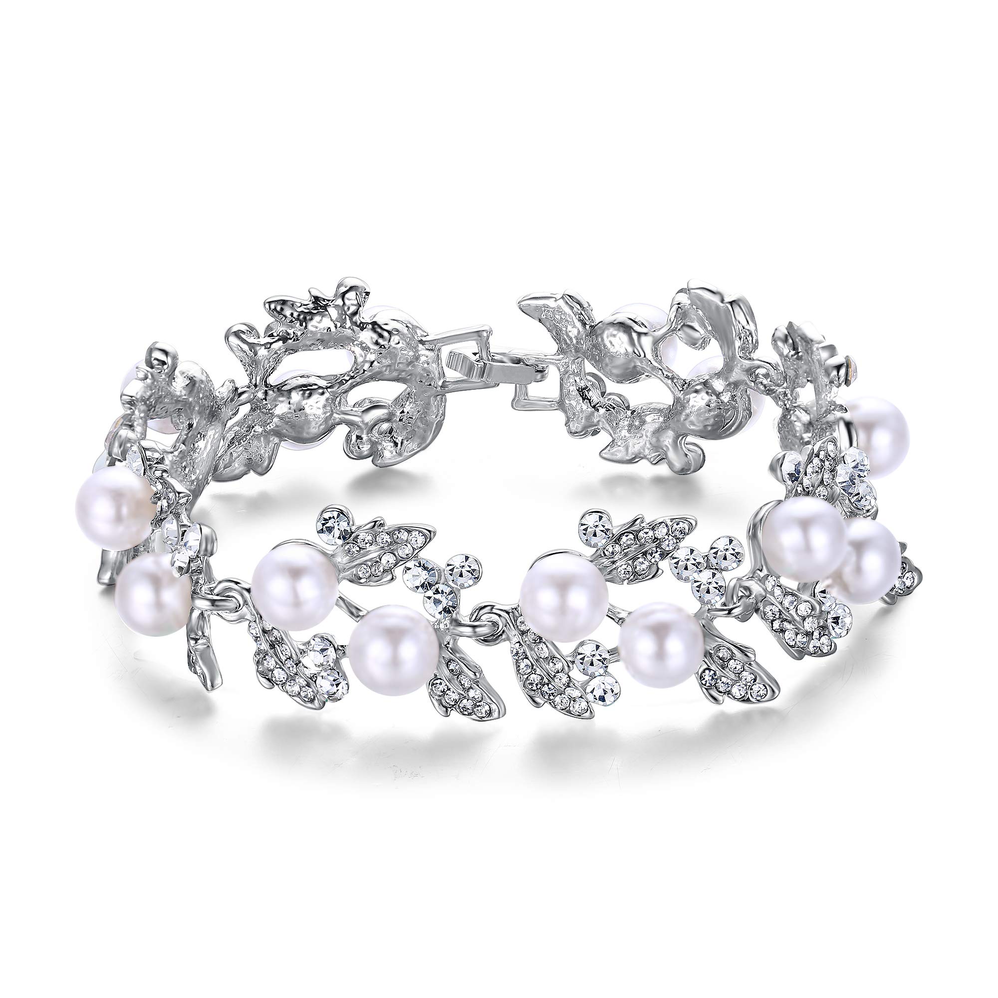 EVER FAITH Bridal Silver-Tone Simulated Pearl Flower Leaf Clear Austrian Crystal Bracelet