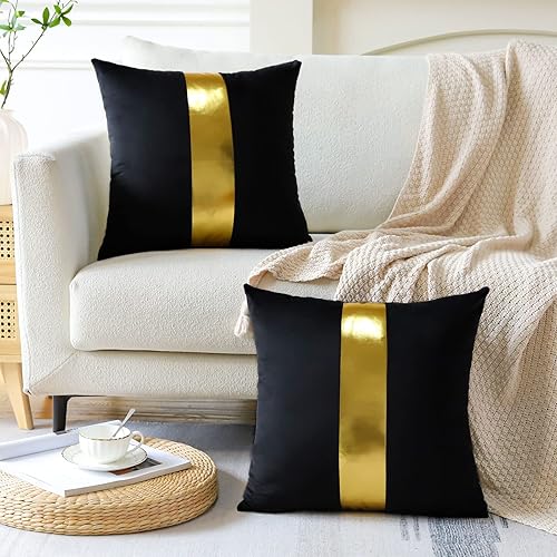 Miniatura 4 de Artscope Juego de 2 fundas de almohada de terciopelo negro con costuras de cuero dorado, fundas de almohada cuadradas modernas y minimalistas para