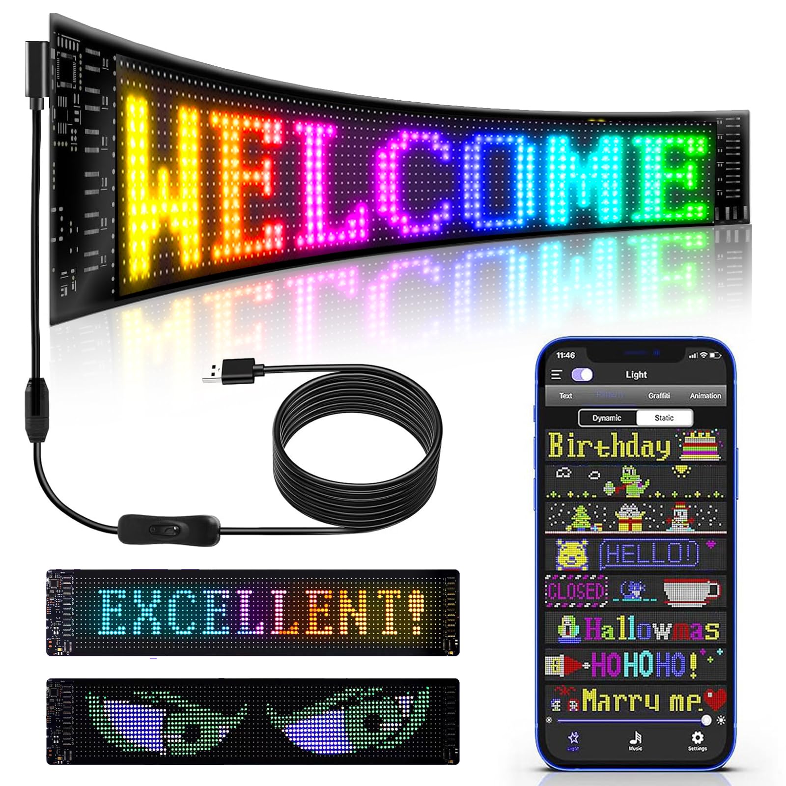 Programmable Scrolling LED Sign: 5"×19" Flexible LED Display with Bluetooth App Control, DIY Custom Text/Animation for Car Rear Window, Party &Shop Window, Business Advertising