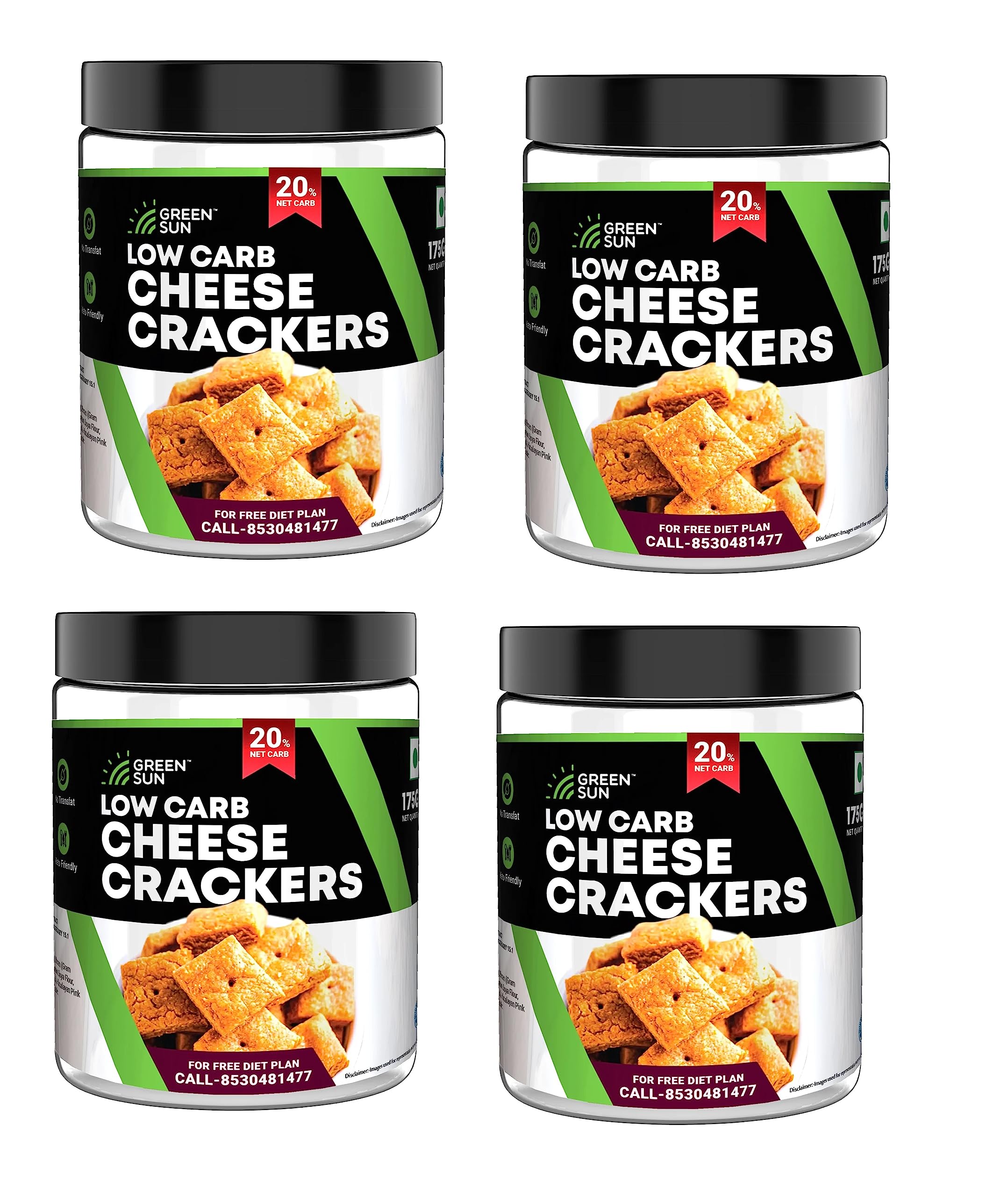 GREEN SUN Low Carb Cheese Crackers |Pack of 4 | 0.2 GMS Net Carb Per Cheese Cracker | Namkeen | Crispy | Keto Friendly | Tasty Savoury Snack | Low Calorie | Sugar Free