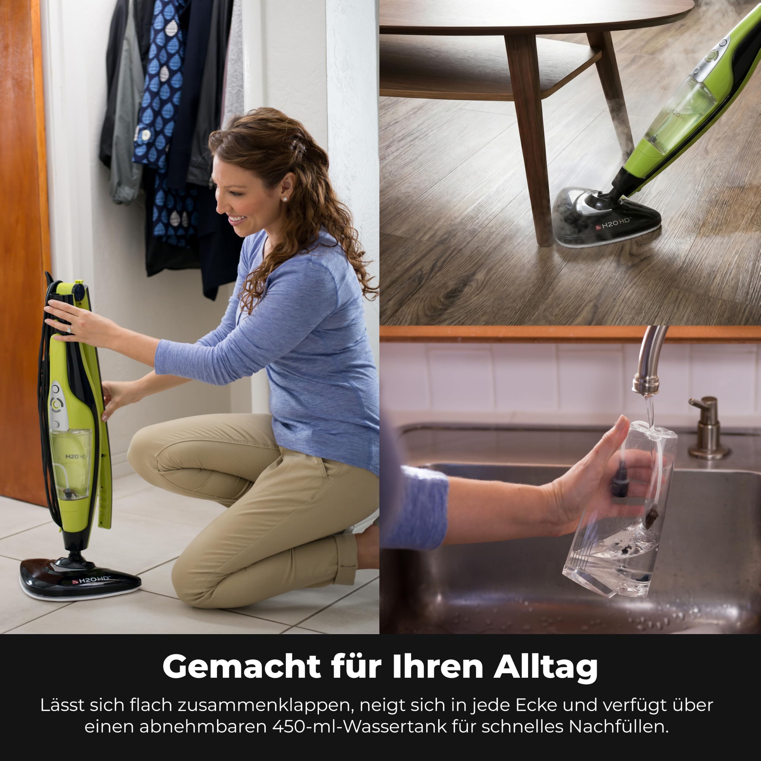H2O HD Chemiefreier Dampfbesen & Handdampfer 1500W | Entfernt bis zu 99,9% der Bakterien, 450ml Tank, <30s Aufheizzeit, für Familien & Haustiere