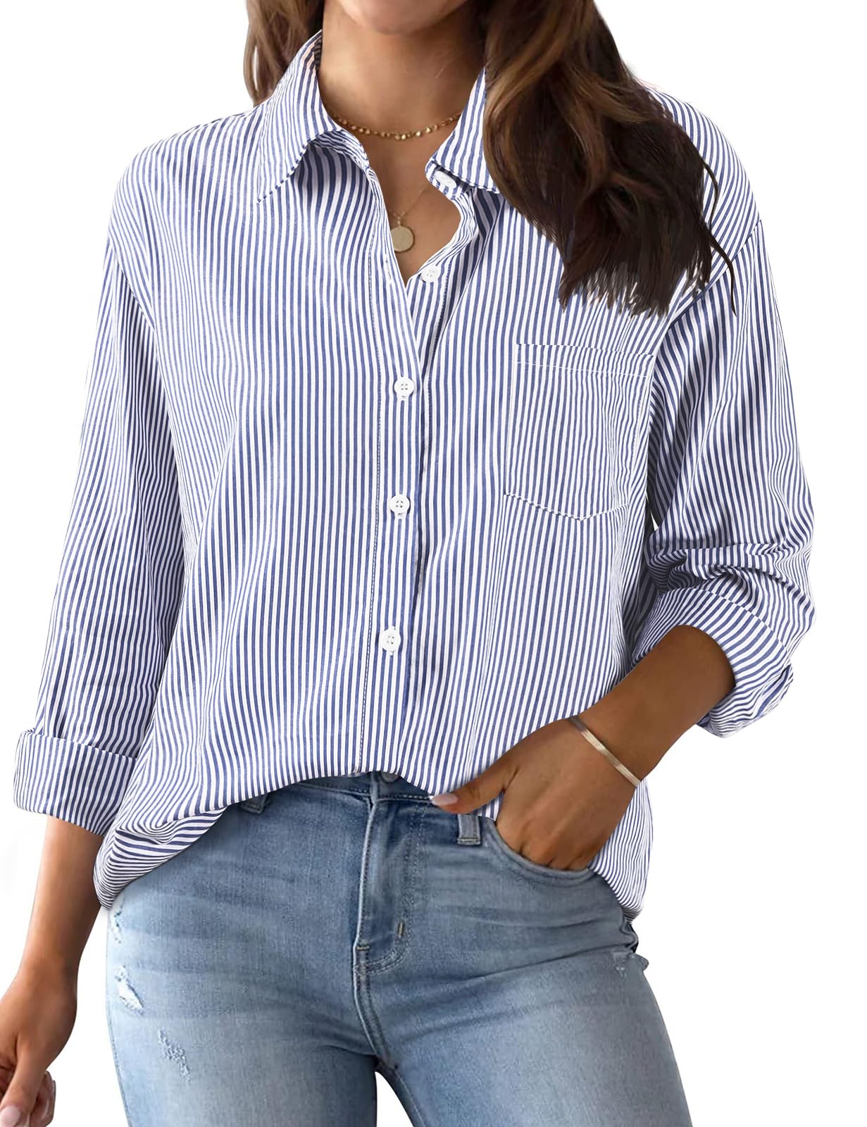 Xnova Bluse Damen Langarm Gestreifte, V Ausschnitt Button Down Hemd Oberteile Tops Baumwolle Streifenbluse, Elegante Hemdbluse Blusenshirt Casual Büro Basic Shirt Business Outfit