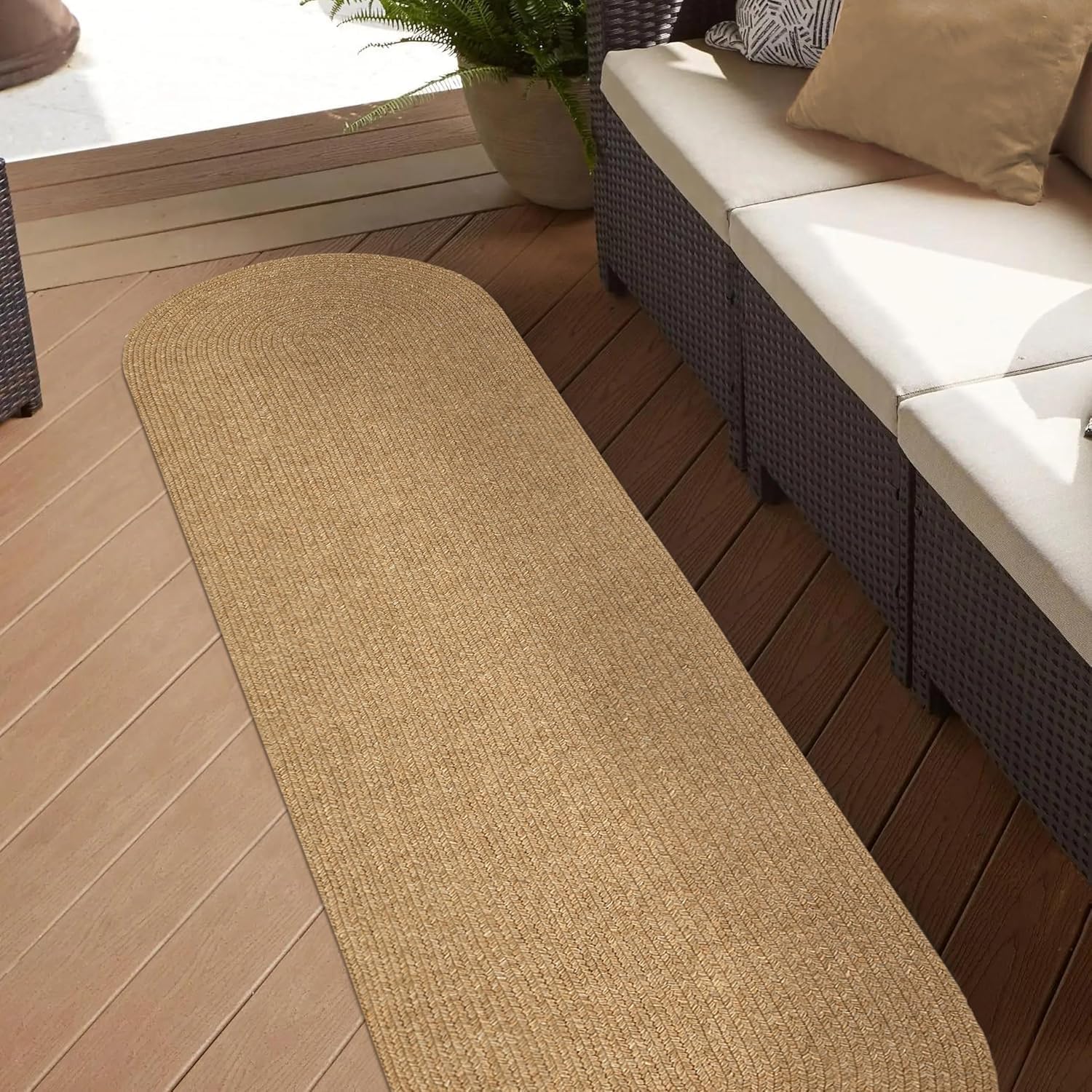 Alfombra ovalada de yute natural color marrón de diseño trenzado para interiores de casa
