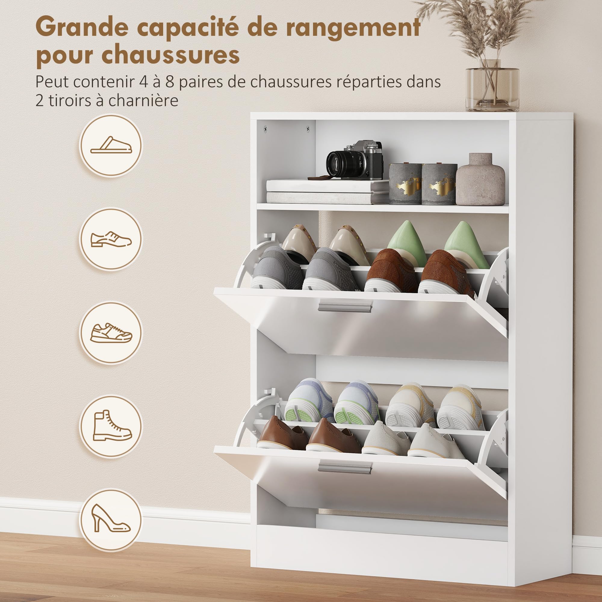 HOMCOM Meuble à Chaussures 8 Paires 2 Tiroirs 59 x 24 x 90 cm Blanc
