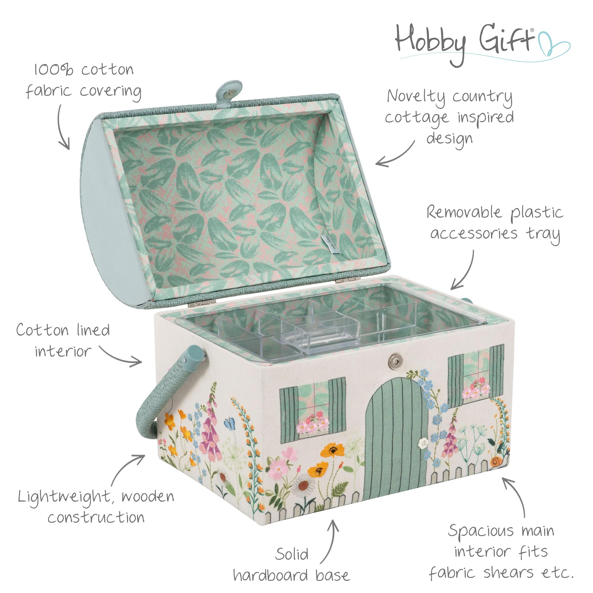 Hobby Gift Haftowana skrzynka na przybory do szycia - rustykalny styl wiejski z kwiatowym wzorem, wiklinowy dach i uchwyt, zawiera wewnętrzną plastikową tackę z przegródkami 21 30x26cm