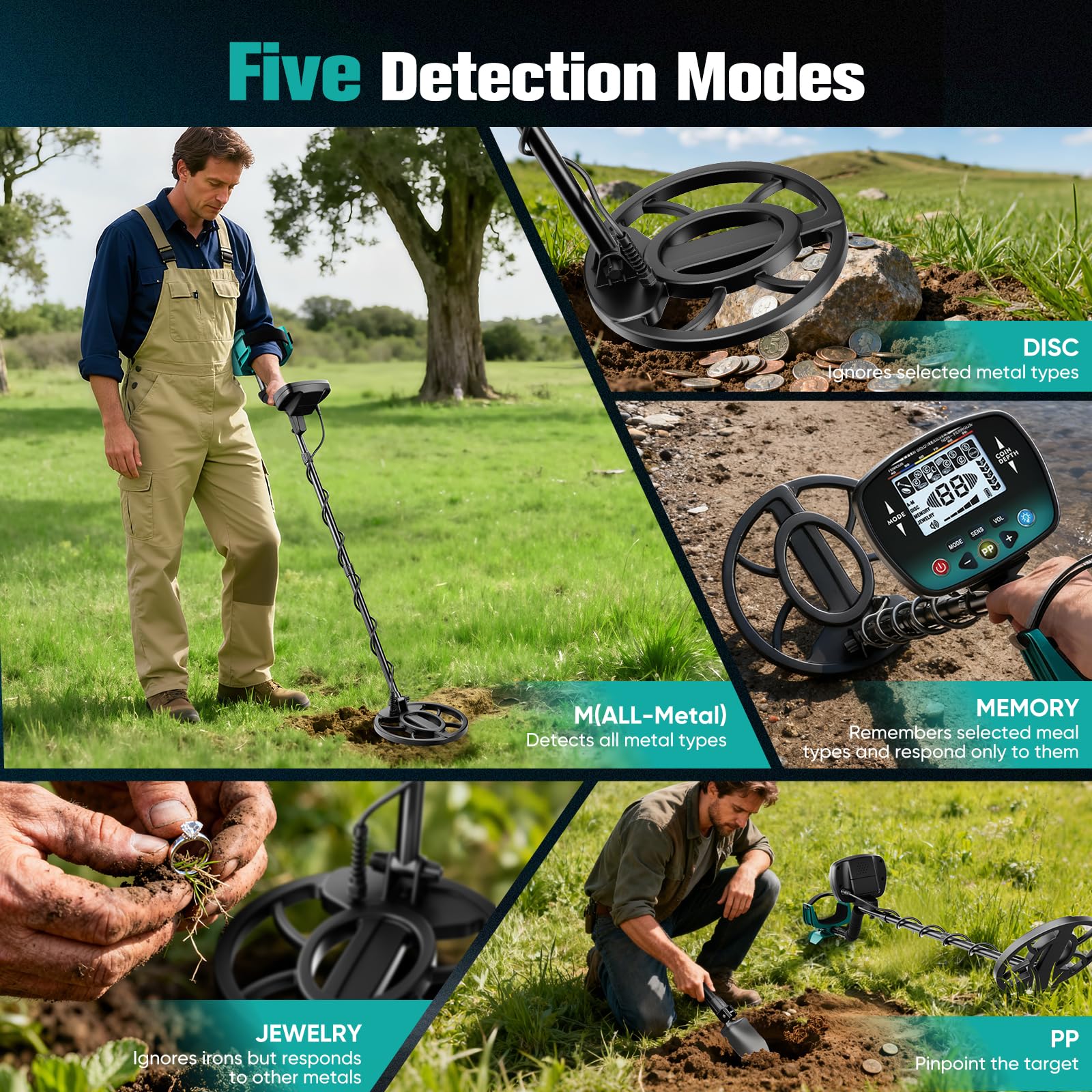 Detecteur de Metaux Professionnel, Détecteur de Métaux pour Adultes, 5 Modes Dont Pinpoint et Mémoire, Haute Précision, Bobine Étanche, Hauteur RéGlable, éQuipement Complet