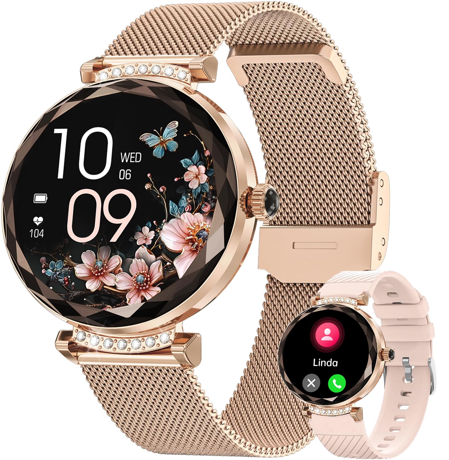 Fitonme Reloj Inteligente Mujer con Llamadas, 1.19" AMOLED Smartwatch Mujer con 2 Correas, Pulsómetro, SpO2, Monitor Sueño, IP68 Impermeable Reloj Deportivo para Android iOS Oro, Regalo Mujer