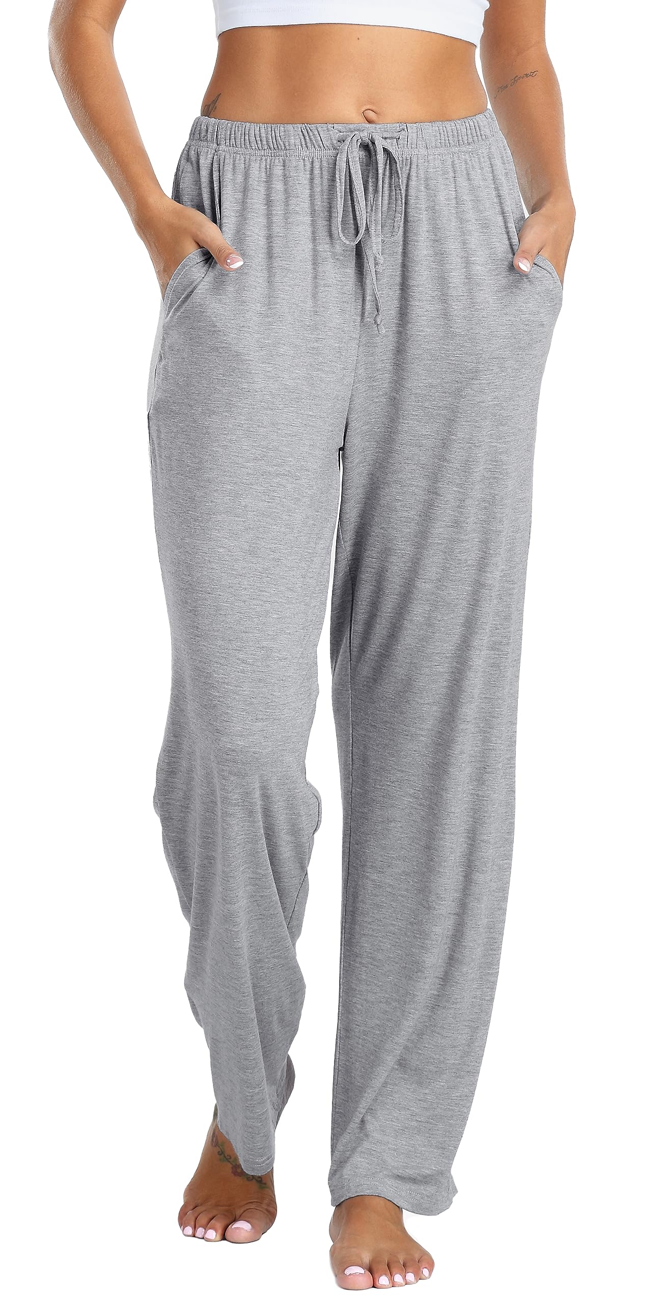 Vlazom Damskie spodnie piżamowe miękkie spodnie na co dzień do spania spodnie do spania z kieszeniami sznurkiem S-XXL, A-Szary, XL