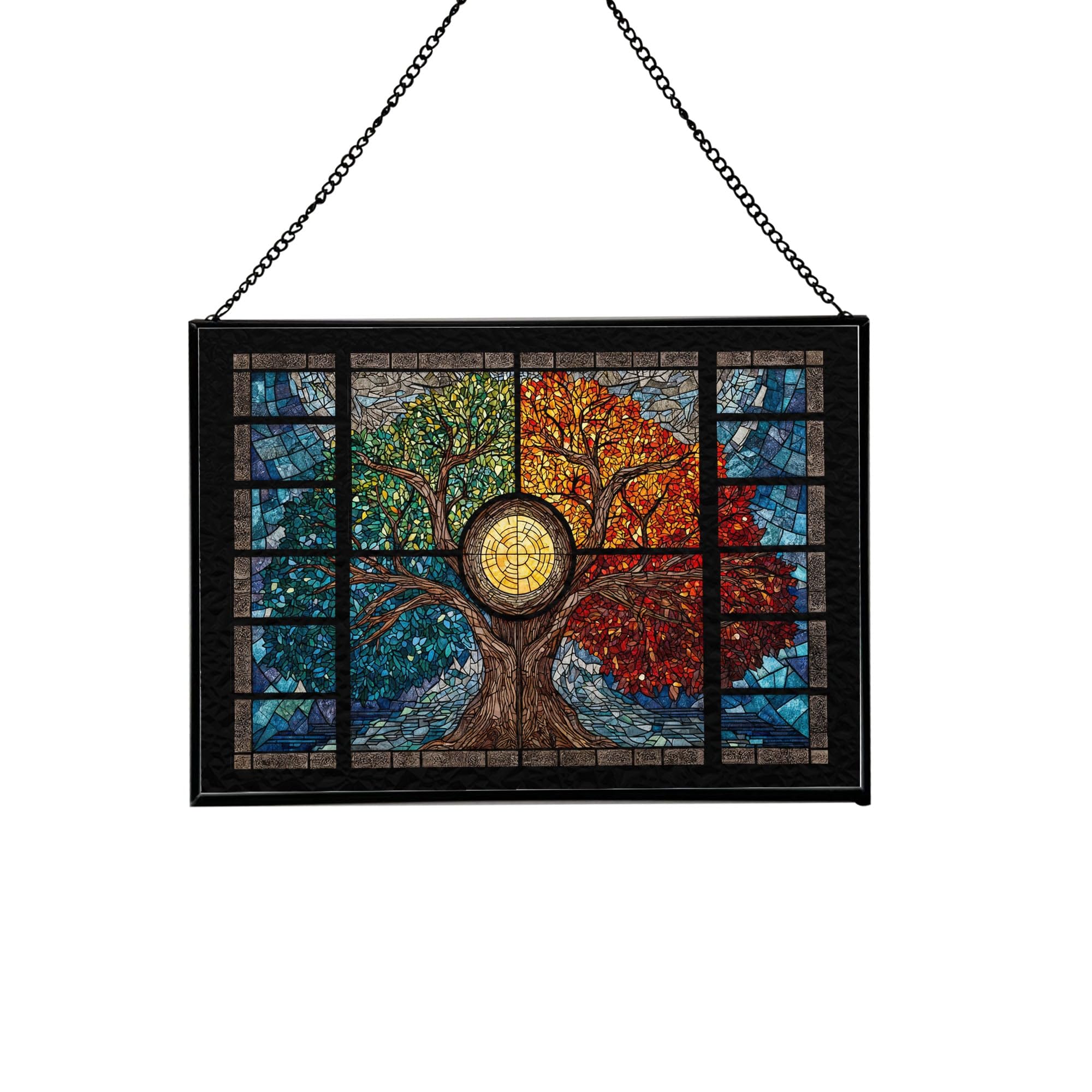 Tree of Life with Seasons Divided Rectangular Stained Glass Suncatcher – Hanging Window Panel with Animal & Nature Scene – Vibrant Glass Art Gift for Wildlife, Fantasy, Nature Lovers wk6E1Q