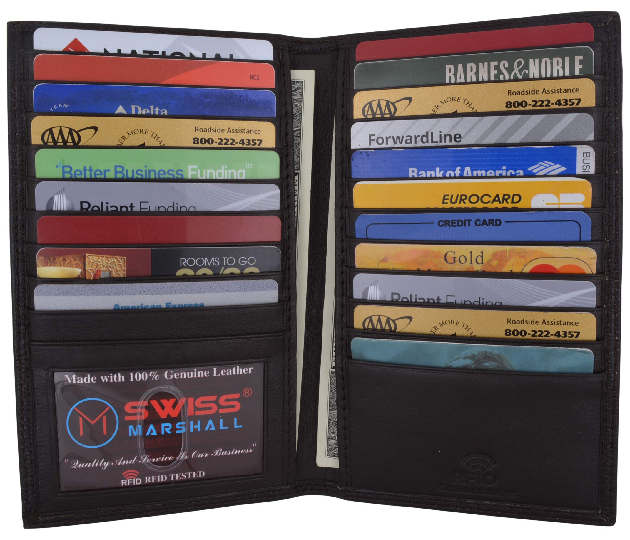 Swiss Marshall RFID Blocking Bifold Genuine Leather Credit Card ID Holder Long Wallet (Brown)