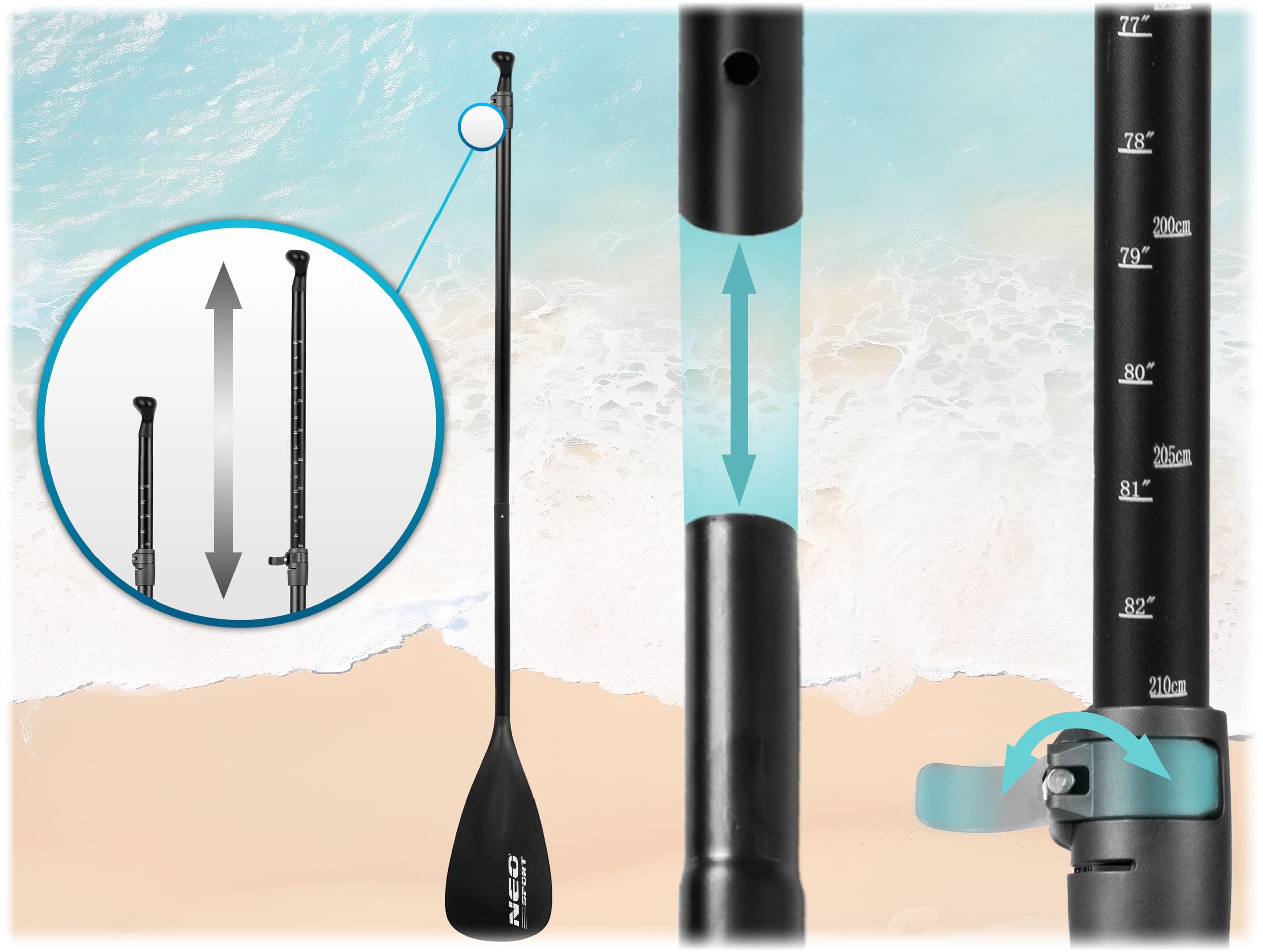 Neo-Sport SUP Paddel Teleskoppaddel 2in1 Paddling Verstellbar 230 cm 2 Paddelblätter Kajak Kajakpaddel Schwarz