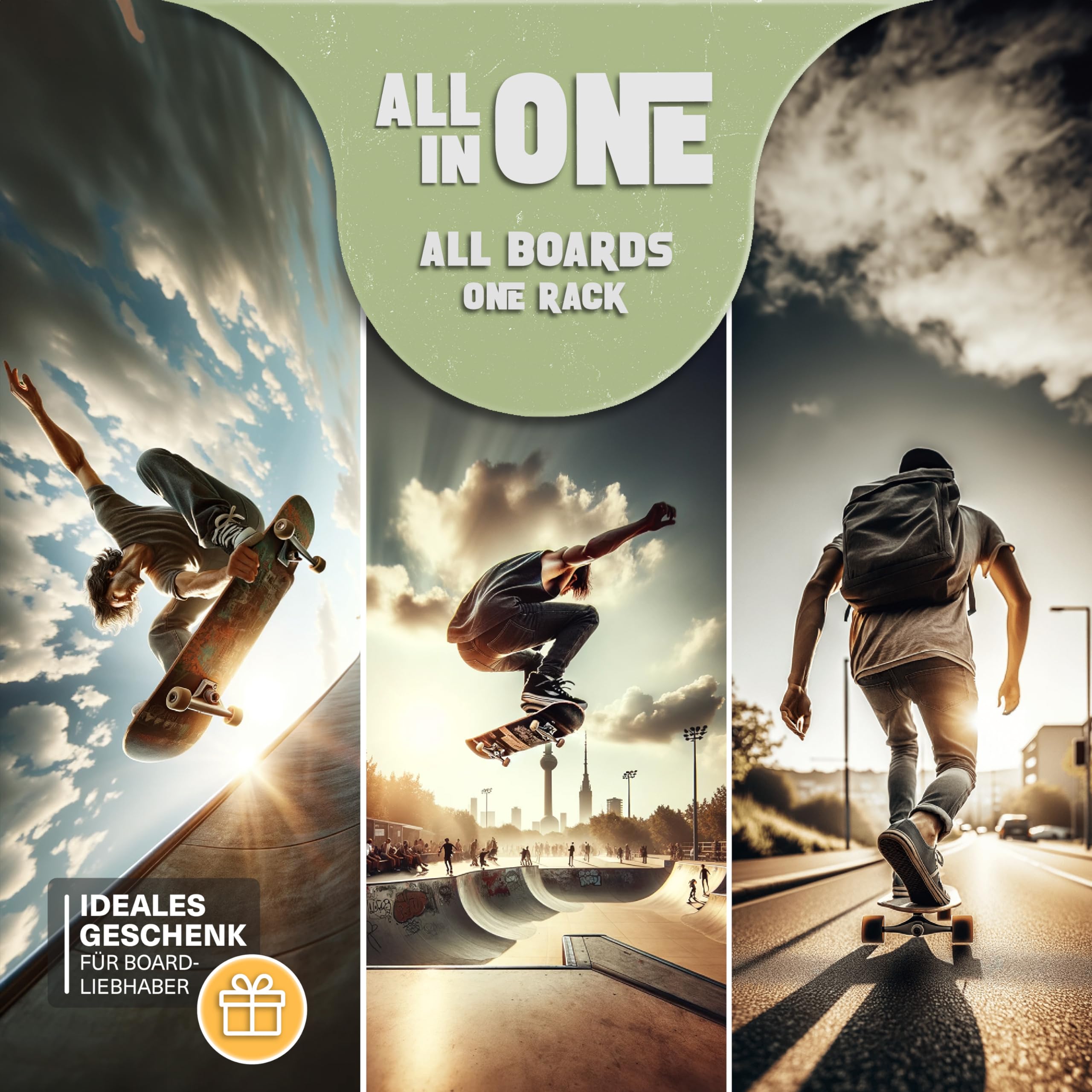 CRID Doppel Skateboard Wandhalterung aus Bambus - Universal Halterung für 2 Skateboards, Longboard, Snowboard, Wakeboard, Balance-Board - Inkl. gratis Montagekit - Modernes Design (Vertikal Halterung)