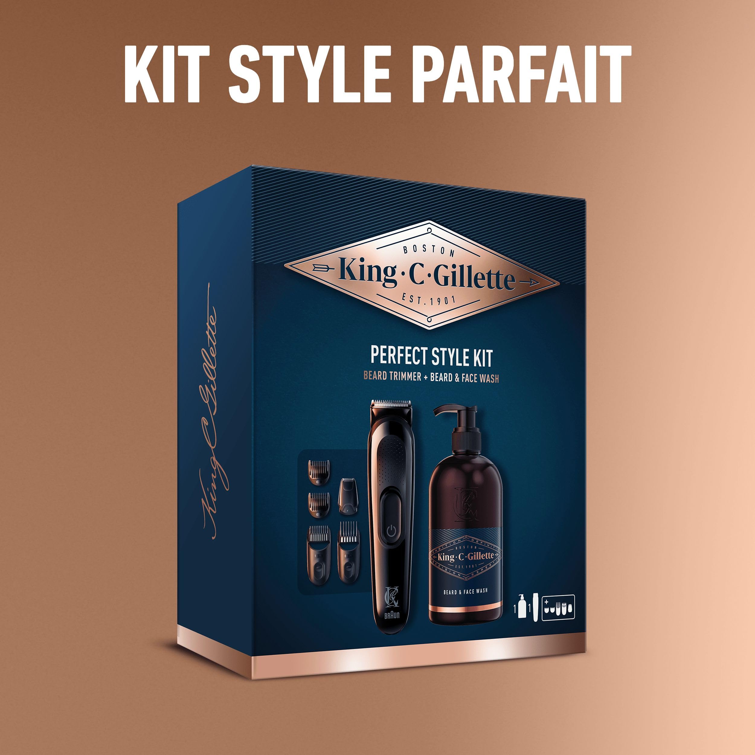 King C.Gillette Coffret cadeau style parfait pour homme pour un rasage de barbe rapide et facile, avec 1 tondeuse à barbe électrique et 4 différents sabots et un nettoyant 3 en 1 pour barbe