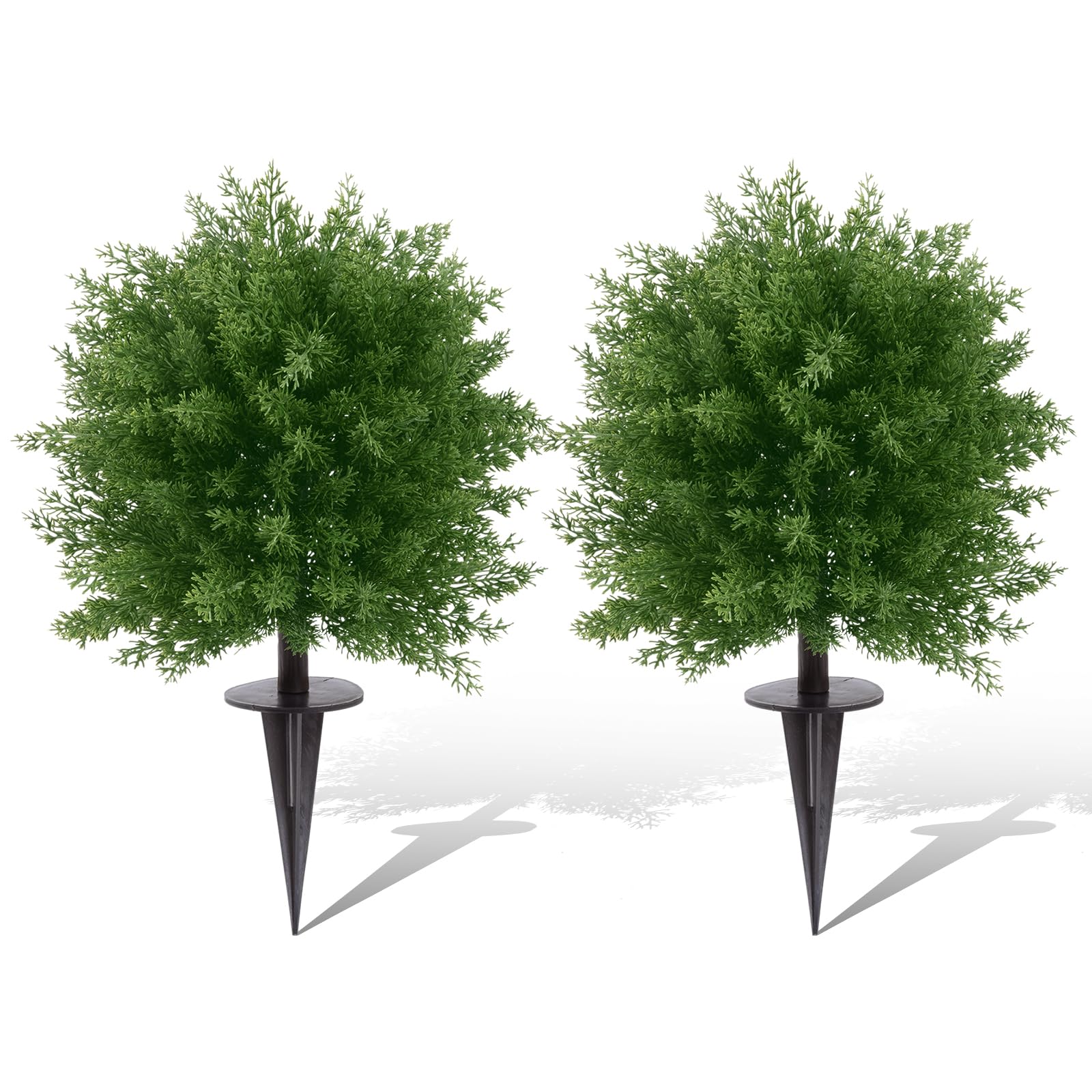 U'Artlines 23.6" Artificial Cedar Topiary Ball Trees with Ground Spike, Faux Cypress Greenery Plants UV Resistant Fake Shrubs Bushes for Front Porch Garden Yard Outdoor Decor, Set of 2