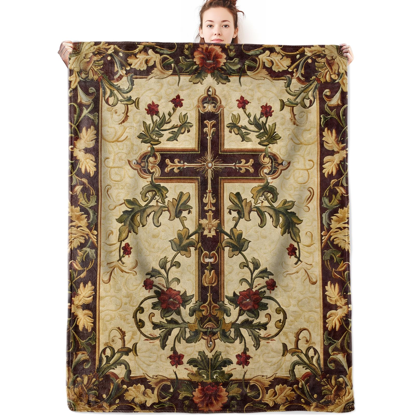 Retro Cross and Floral Flannel Blanket,Christian Gifts for Adults,80x60inch,Classic Vintage Religious Style Throw Blankets with Flower,for Church,Bedroom,Sofa,Living Room Decor Throws
