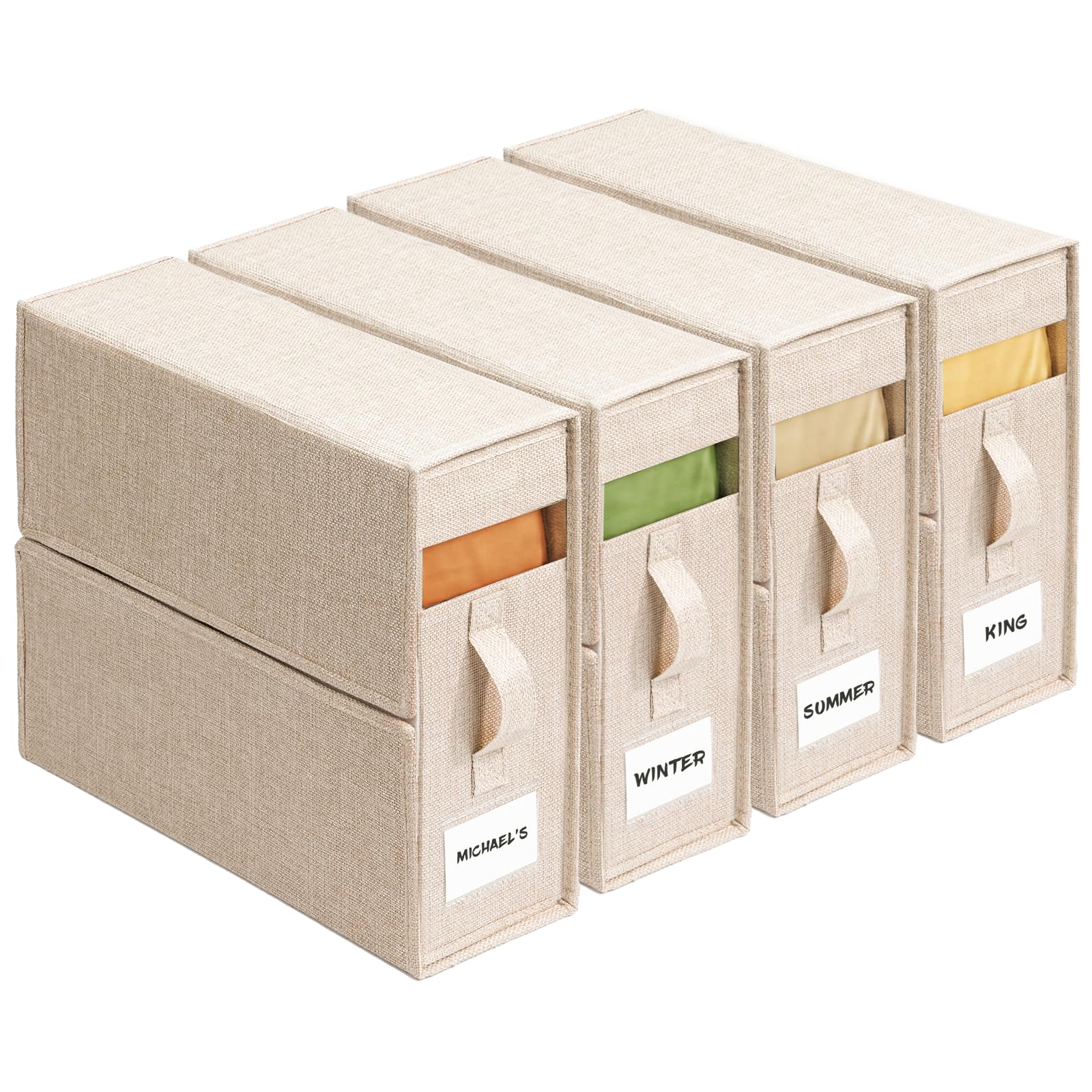 4 Pack Sheet Storage Box (King & Queen Size) with handle, Foldable Sheet Set Organizer for Closet, Sheet Organizer for Blanket, Coverlet and Towel, Beige — image 1