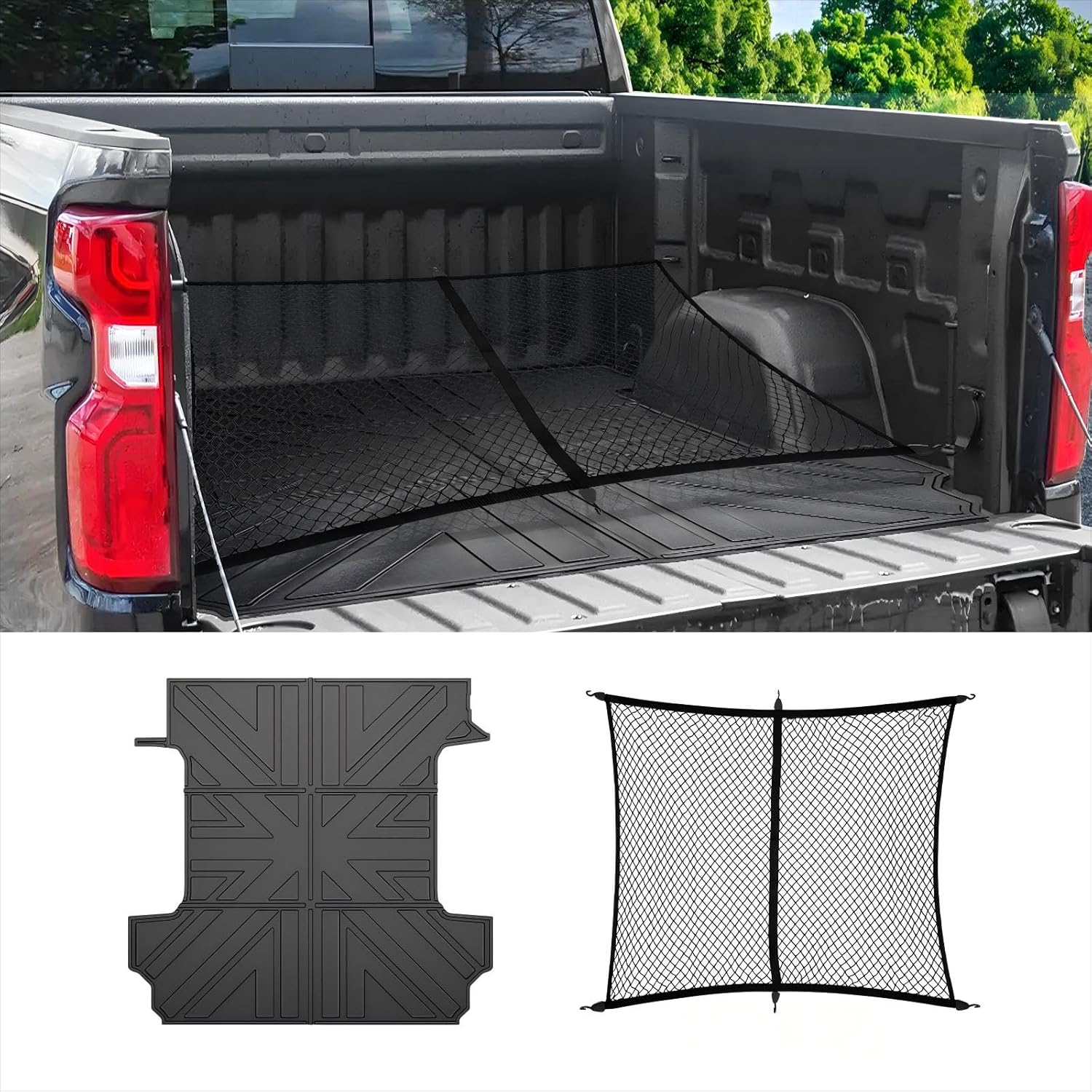 Truck Bed Mat and Cargo Net Compatible with 2020-2025 Jeep Gladiator 5FT Truck Bed Replacement, Truck Net TPE Cargo Bed Liner All Weather Cargo Mat for Jeep Gladiator Accessories