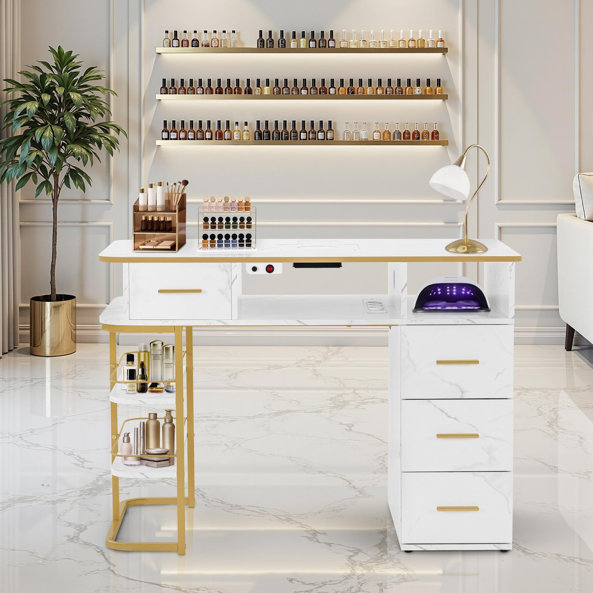 BarberPub Tavolo per manicure con 4 cassetti e 5 ripiani, unghia con aspirazione, 2 sacchetti per aspirapolvere, scrivania in legno per salone di unghie, marmo