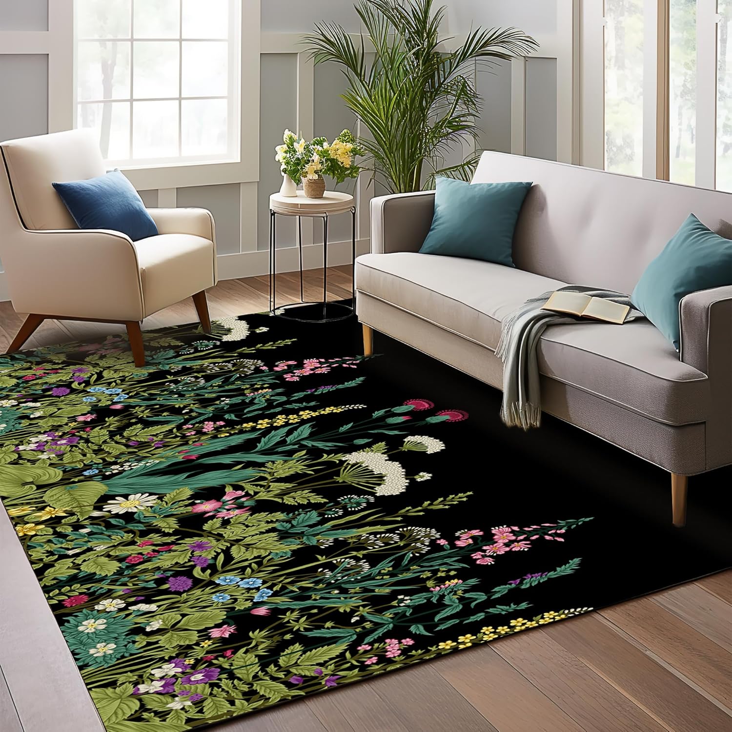 Floral Area Rugs 5x7,Herbs and Wild Flowers Area Rug for Living Room Washable Non-Slip Soft Rug for Bedroom Ultra-Thin Dining Room Rugs, Low-Profile Carpet Rug for Office Entryway Herbs and Wild Flowers 5' x 7' (Rectangular)