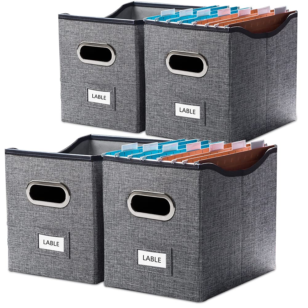 CHAROCOUT File Organizer Boxes with Sliding Rail Collapsible Linen Filing Cabinets & Storage Office Box Hanging Letter Folder Grey 4-Pack