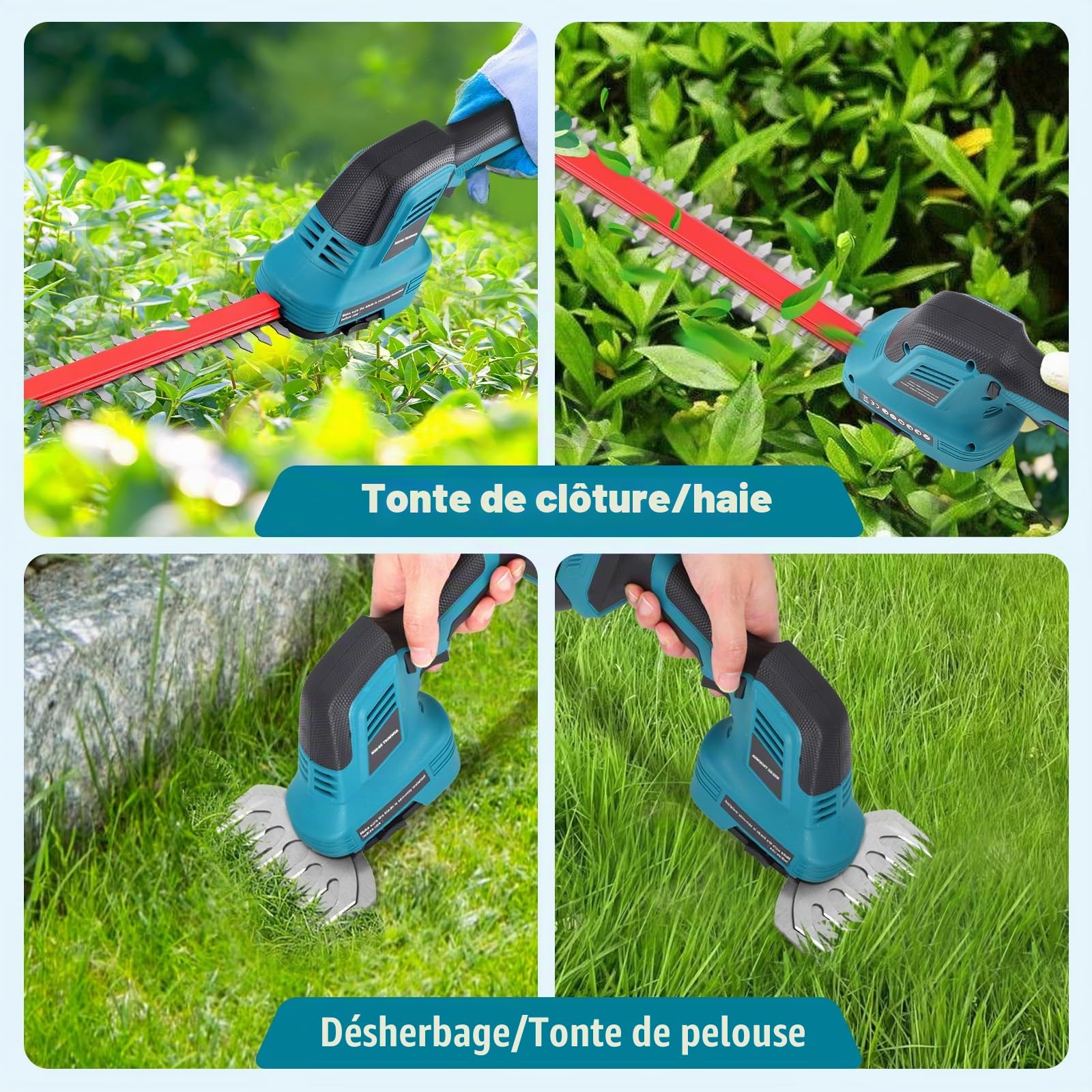 Taille Haie Batterie, Cisaille de Jardin Cisailles à Gazon Taille Haie Electrique, Coupe Haie sans Fil avec Batterie 1500mAh*2, Double Lame de Coupe,pour Désherberger, Élaguer Les Arbres, Arbustes