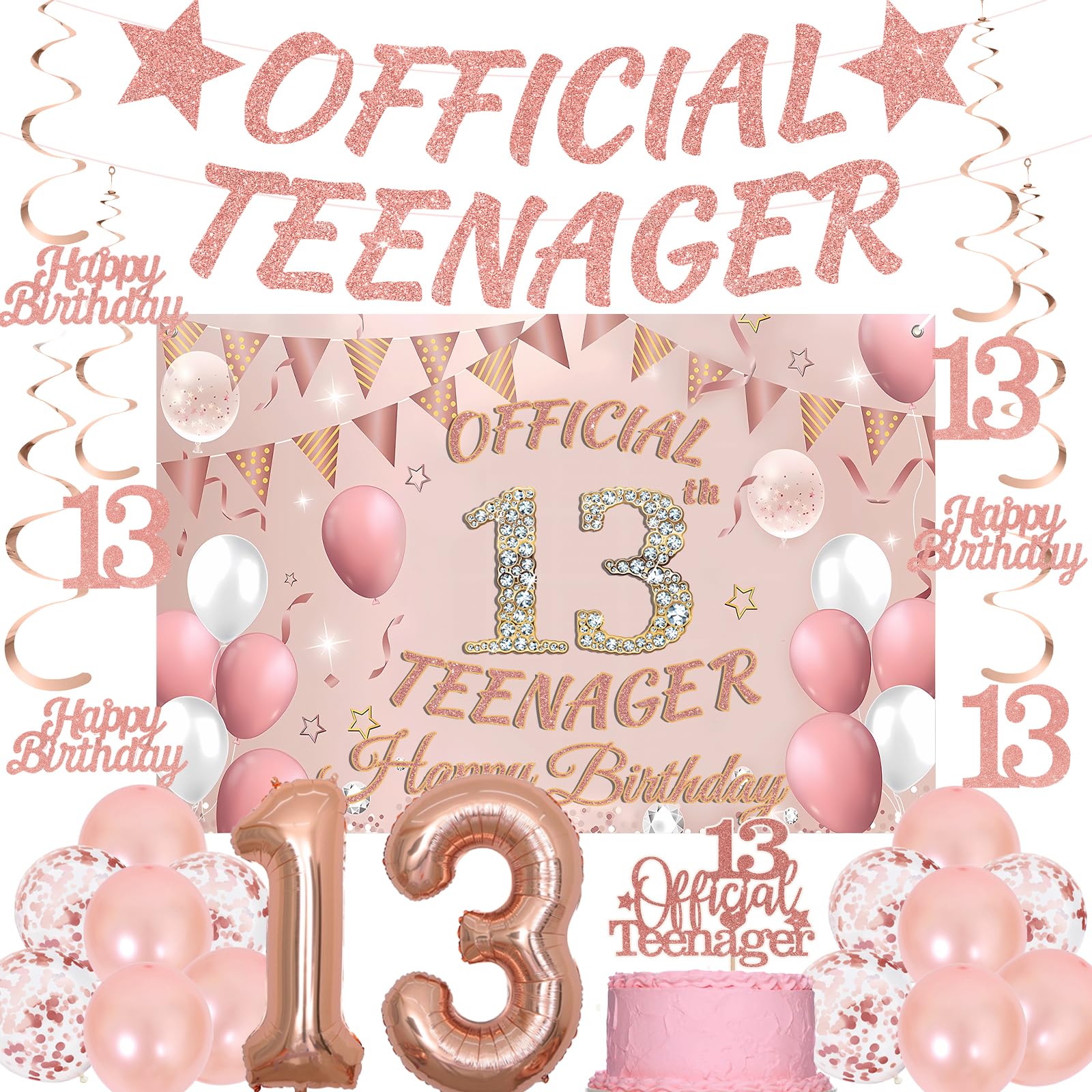 Photo 1 of 13th Birthday Decorations Balloons Girls - 25 Pcs Rose Gold Official Teenager Banners Hanging Swirls Backdrop Cake Topper Number 13 Balloons for Girl 13 Years Old Happy Birthday Party Decor Supplies