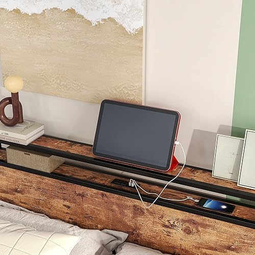 Miniatura 34 de Base de cama de tamaño matrimonial con cabecera de almacenamiento/estación de carga USB, marco de cama de plataforma de metal, tamaño matrimonial,