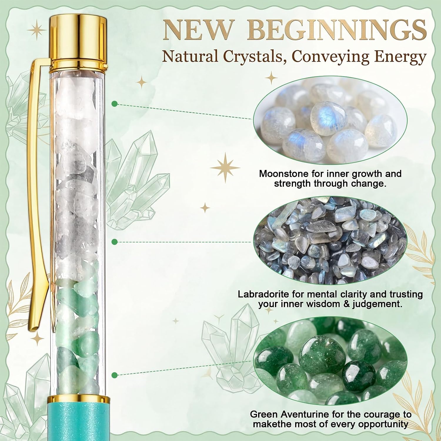 Feifeiya 8 Sets New Beginning Crystal Pens with Cards Bags, Women New Chapter Inspirational Gifts, Anxiety Relief Crystals Gifts for Graduation Leaving Going Away Nurses, Teachers, Coworkers
