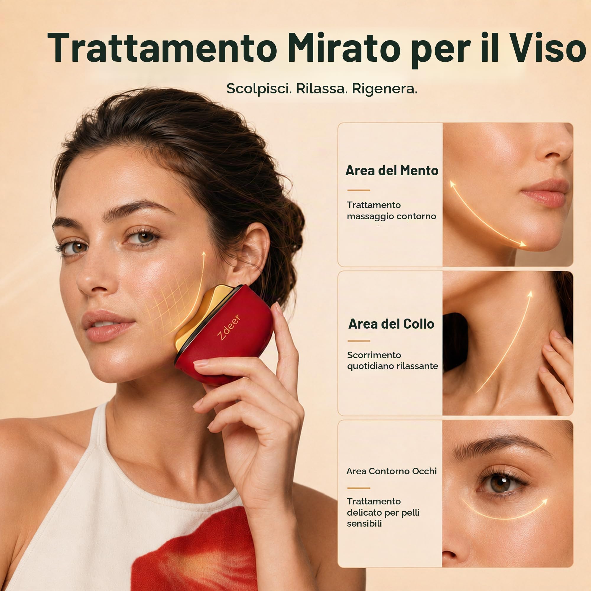 ZDEER Strumento elettrico Gua Sha per il viso con terapia a luce rossa a LED e vibrazioni lenitive, massaggiatore viso e collo in ottone riscaldato, dispositivo intelligente per la cura della pelle a