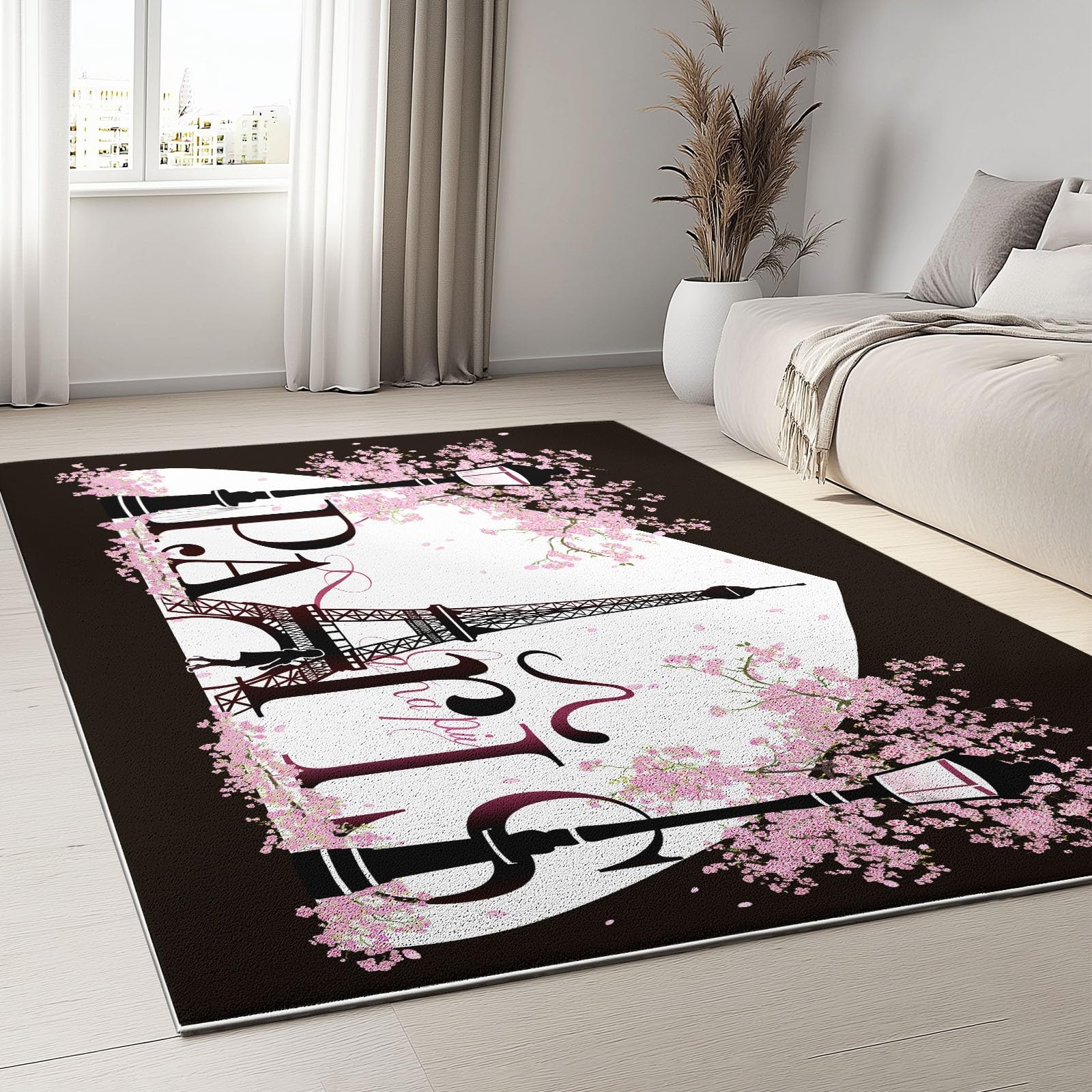 Dywan do salonu lub sypialni w kolorze różowym czarnym można prać w temperaturze do 30 stopni antypoślizgowy spód nowoczesny i miękki krótki pilerectangular eleganckie paryskie kwiaty 140 x 200 cm