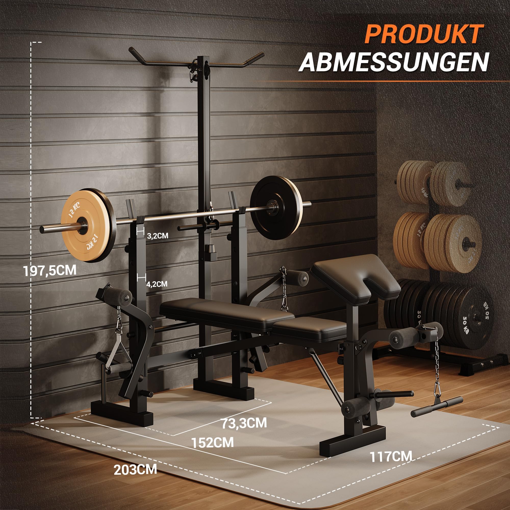 GarveeHome Multifunktionale Hantelbank Set, Klappbar Trainingsbank mit Langhantelständer Latzugturm Seilzug Latzug Butterfly Beinbeuger Training Bank für Fitness Zuhause | Bankdrückgestell, Beinstrecker, Beinbeuger, Squat-Rack und Preacher Curl, Klappbare