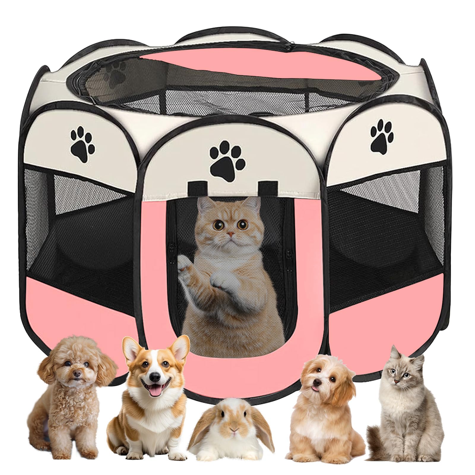 Welpenauslauf Faltbare Hundebox - 74x74x43cm Welpenlaufstall Faltbare hundezelt Katzengehege für Drinnen Outdoor Hundekäfig Kaninchen Laufstall Katze Hund Katzenzelt Kleintiergehege (Rosa)