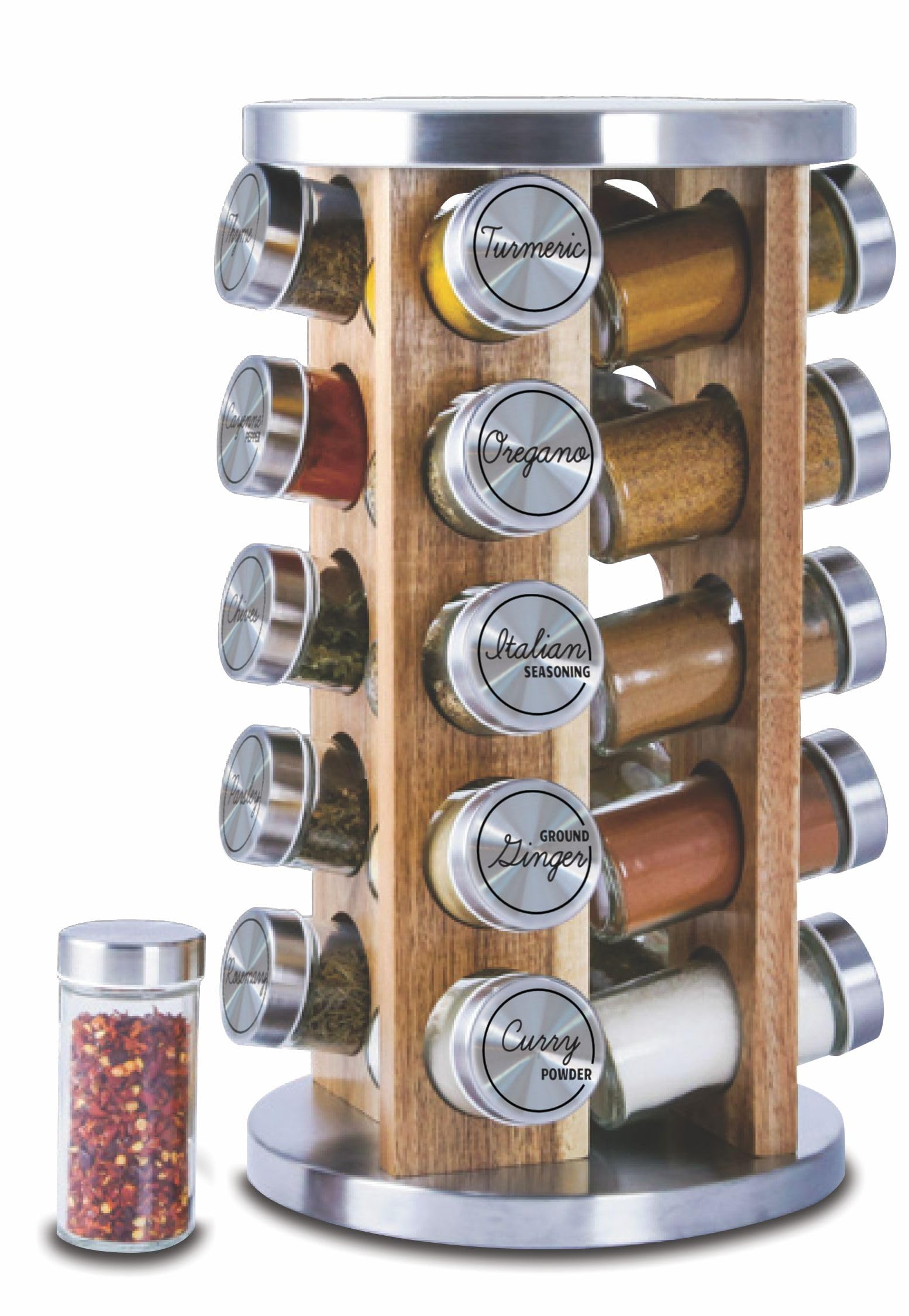 Orii 20 Jar Spice Rack with Spices Included - Tower Organizer for Kitchen Spices and Seasonings, (Natural Acacia Wood)