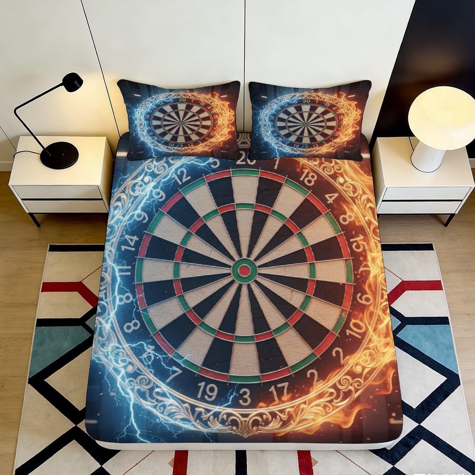3D Printed Dartboard Fire Lightning Fitted Sheet Microfiber Anti-Slip Bed Cover for Bedroom Dorm Mattress Protection Decor 200x200x25cm