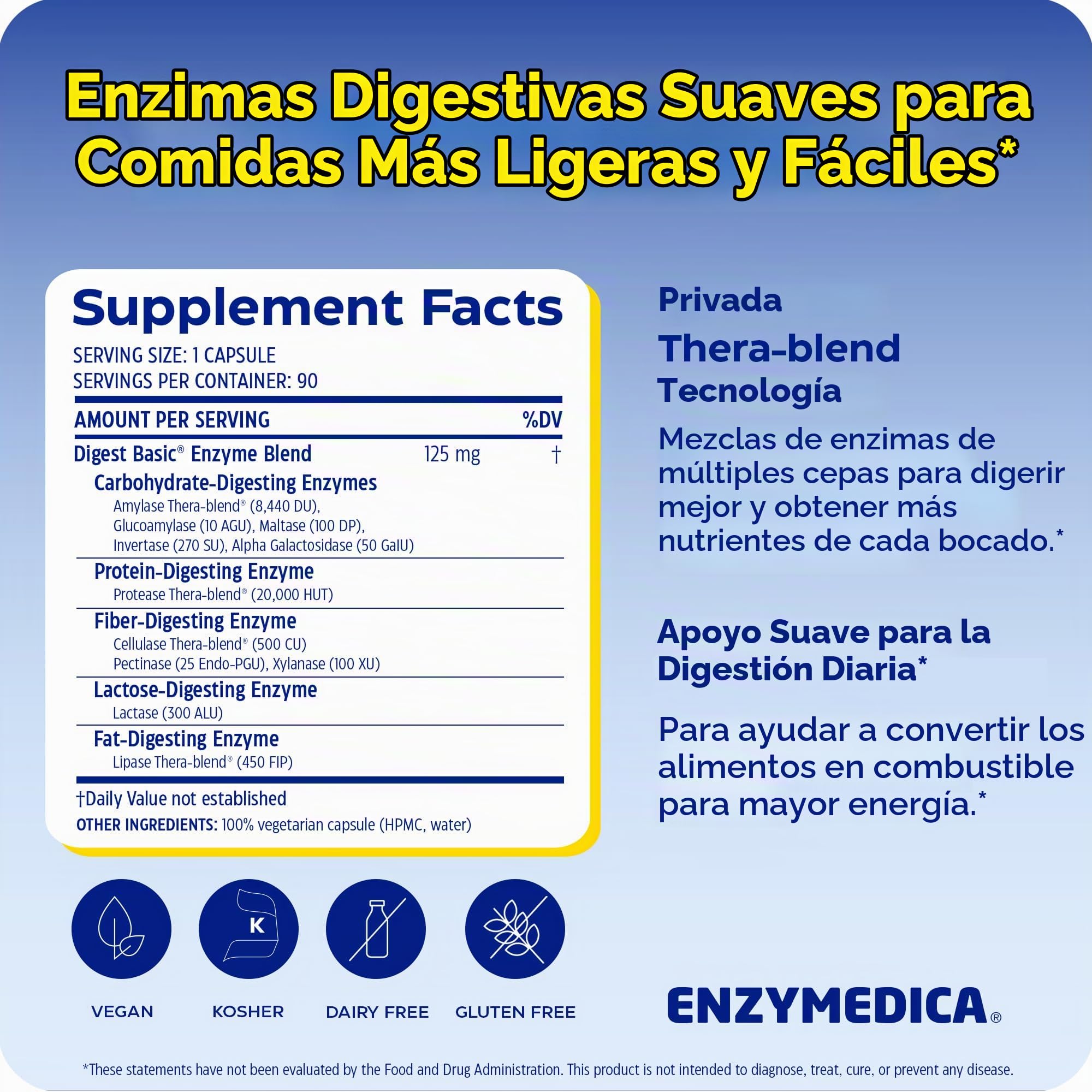 Enzymedica, Digest Basic, Fórmula Enzimática, Reduce los Gases, Mejora la Absorción de Nutrientes, con ATP y Magnesio, Sin Gluten, Sin lácteos, 90 Cápsulas