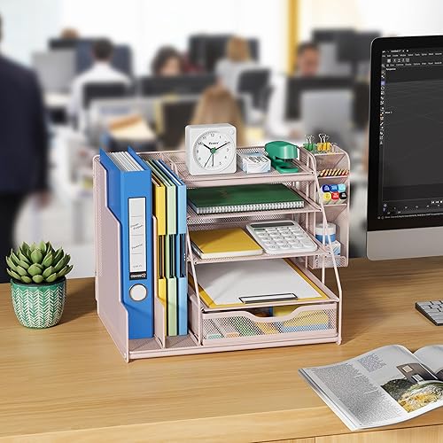 Miniatura 7 de VIVSOL Organizador de escritorio rosa y almacenamiento de accesorios con bandeja de papel de 5 niveles, organizador de escritorio de malla y