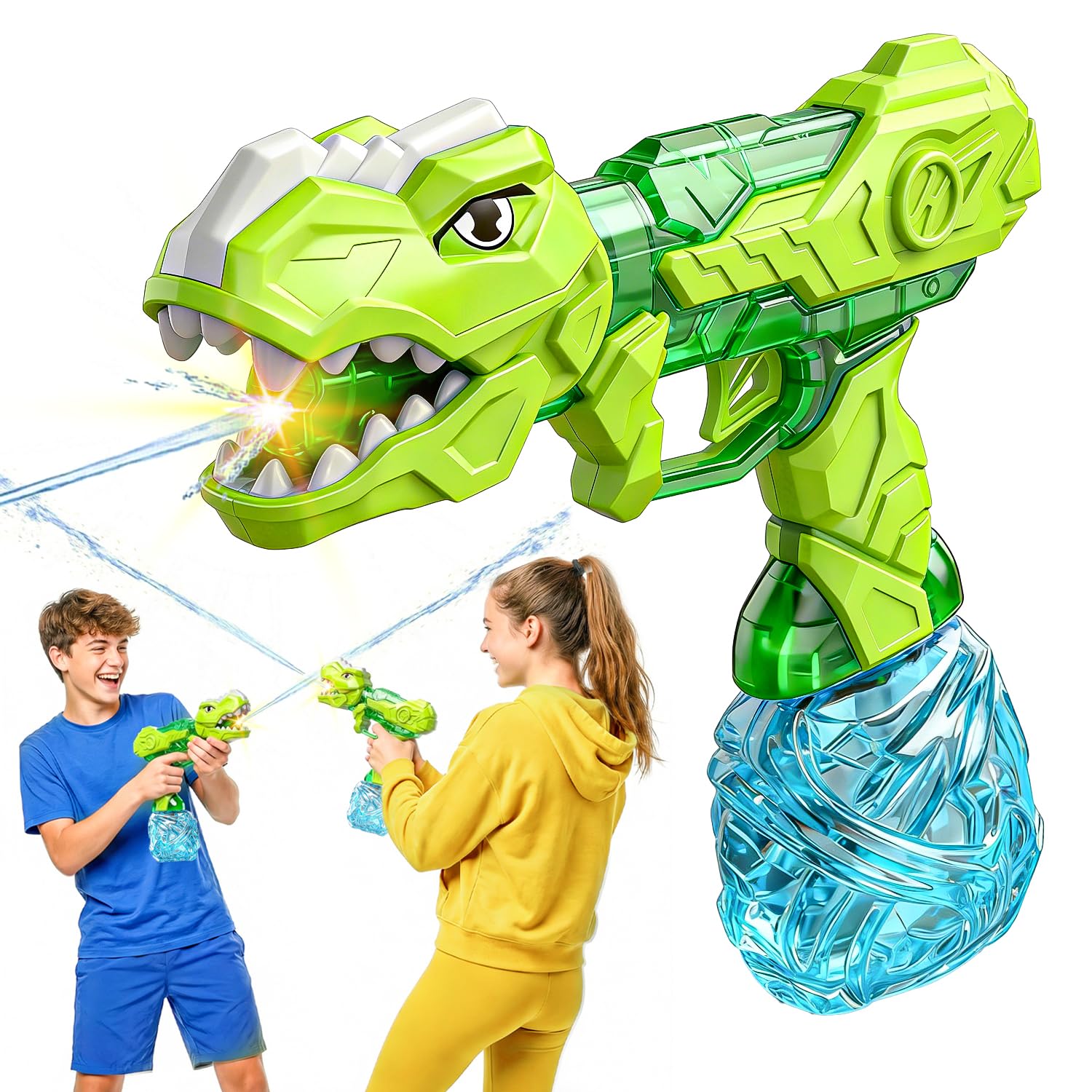 - Electric Water Gun with Light Flash, Automatic Squirt Guns 26-32 FT Long Range, Green Dinosaur Themed Powerful Water Gun for Kids Realistic Squirt Pistol for Summer Outdoor Theme Party