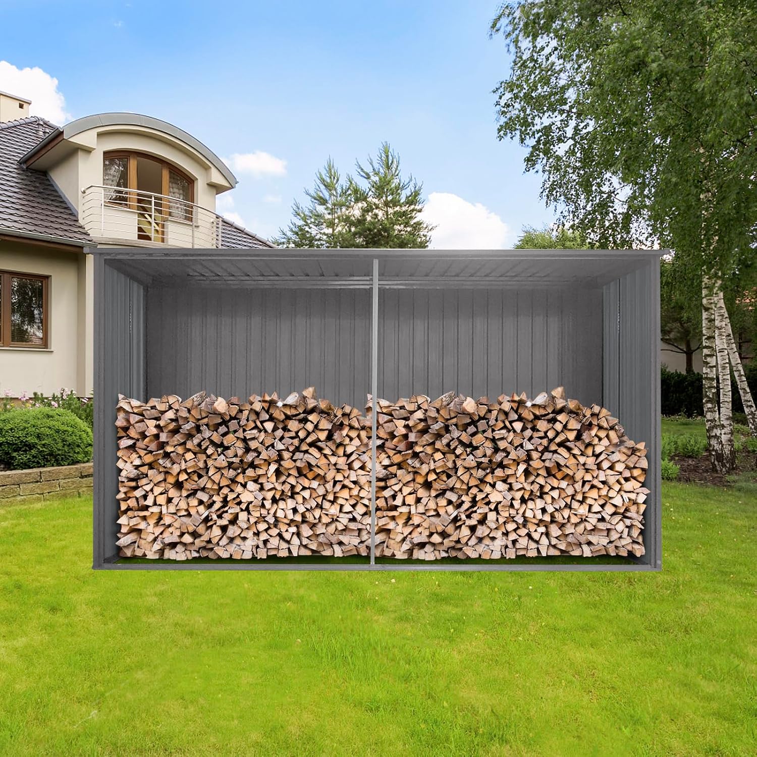 A split image showing the shed's resistance to sun and rain, with icons for sun protection and rainproof features.