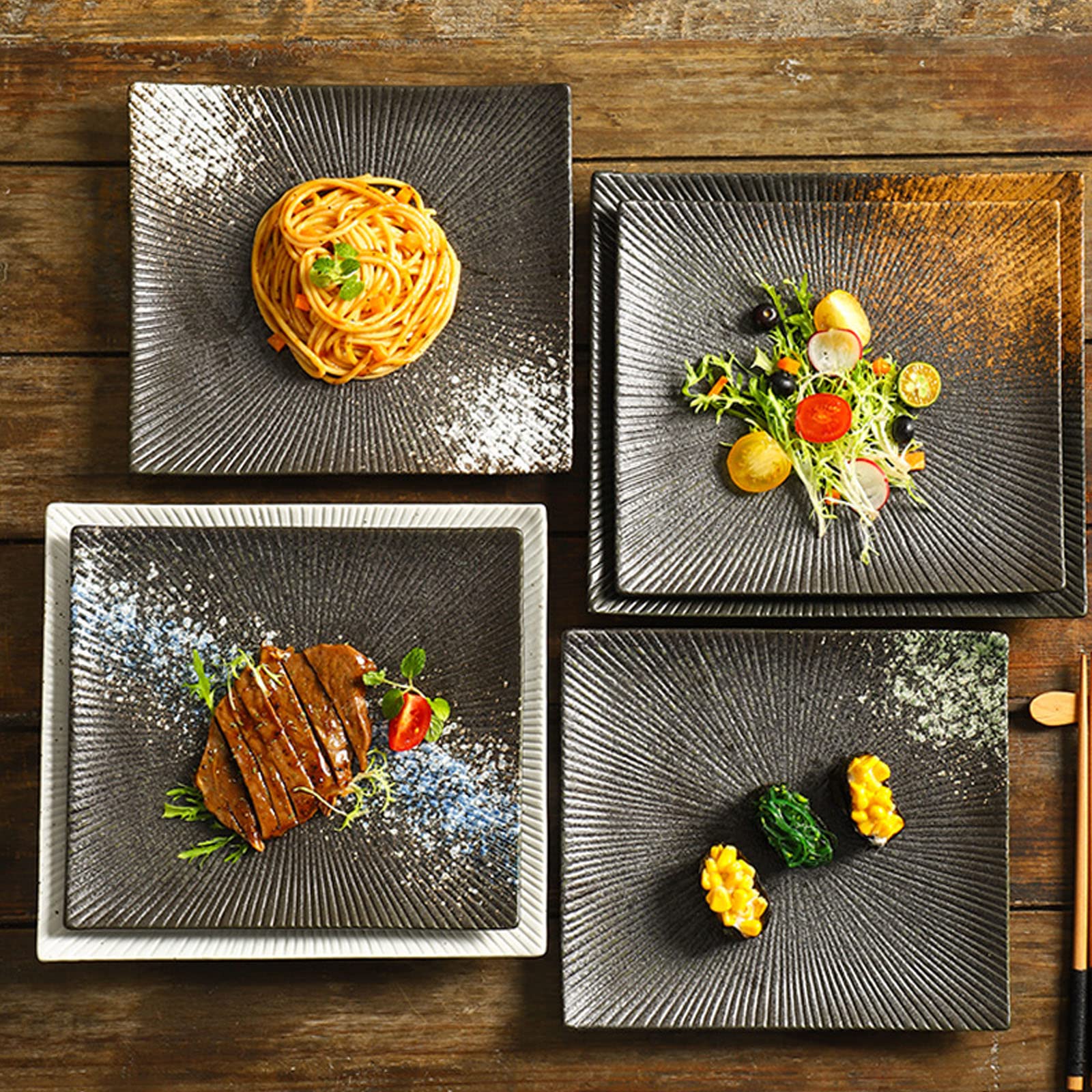 Platos Rectangulares De Cerámica, Combinación Creativa De Colores, Esmalte Suave Y Fácil De Limpiar, Adecuados para El Hogar, Hotel, Restaurante,Negro,9in