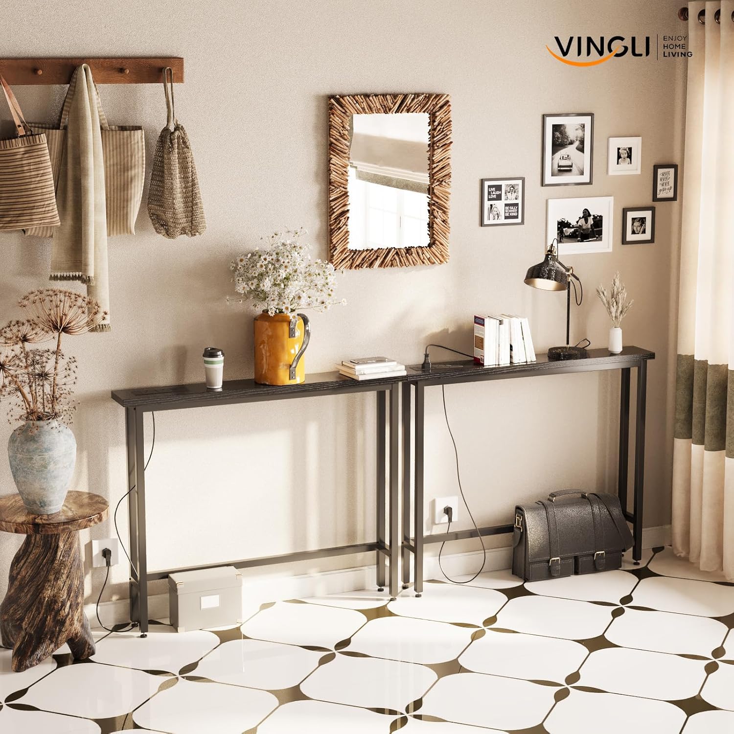 VINGLI 79" Console Table with Power Outlet, 5.9" Narrow Sofa Table Set of 2, Entryway Table with Charging Station & 4.9 Ft Extension Cord & Adjustable Feet, for Living Room, Hallway, Rustic Brown